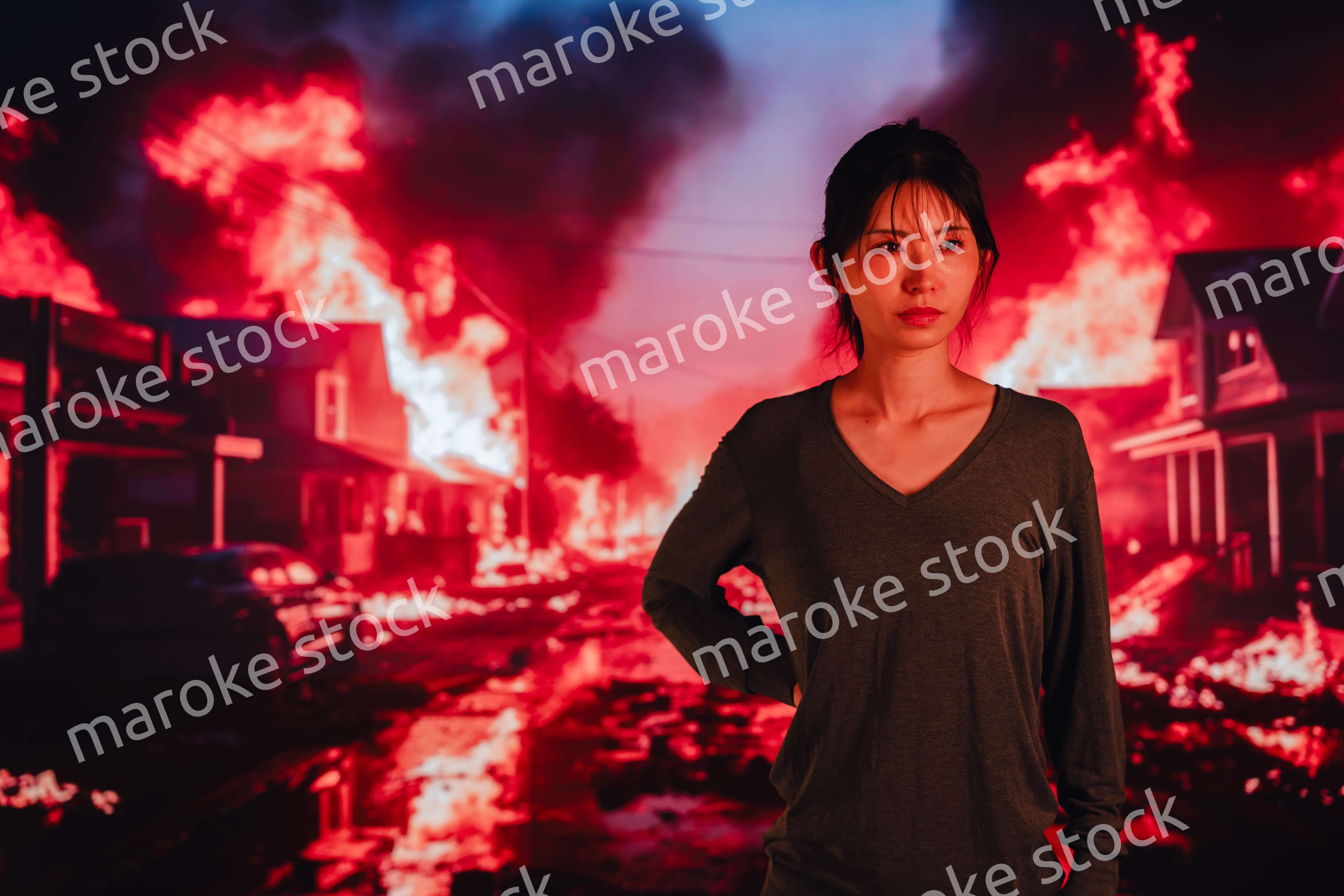 大火災で途方に暮れる若い女性