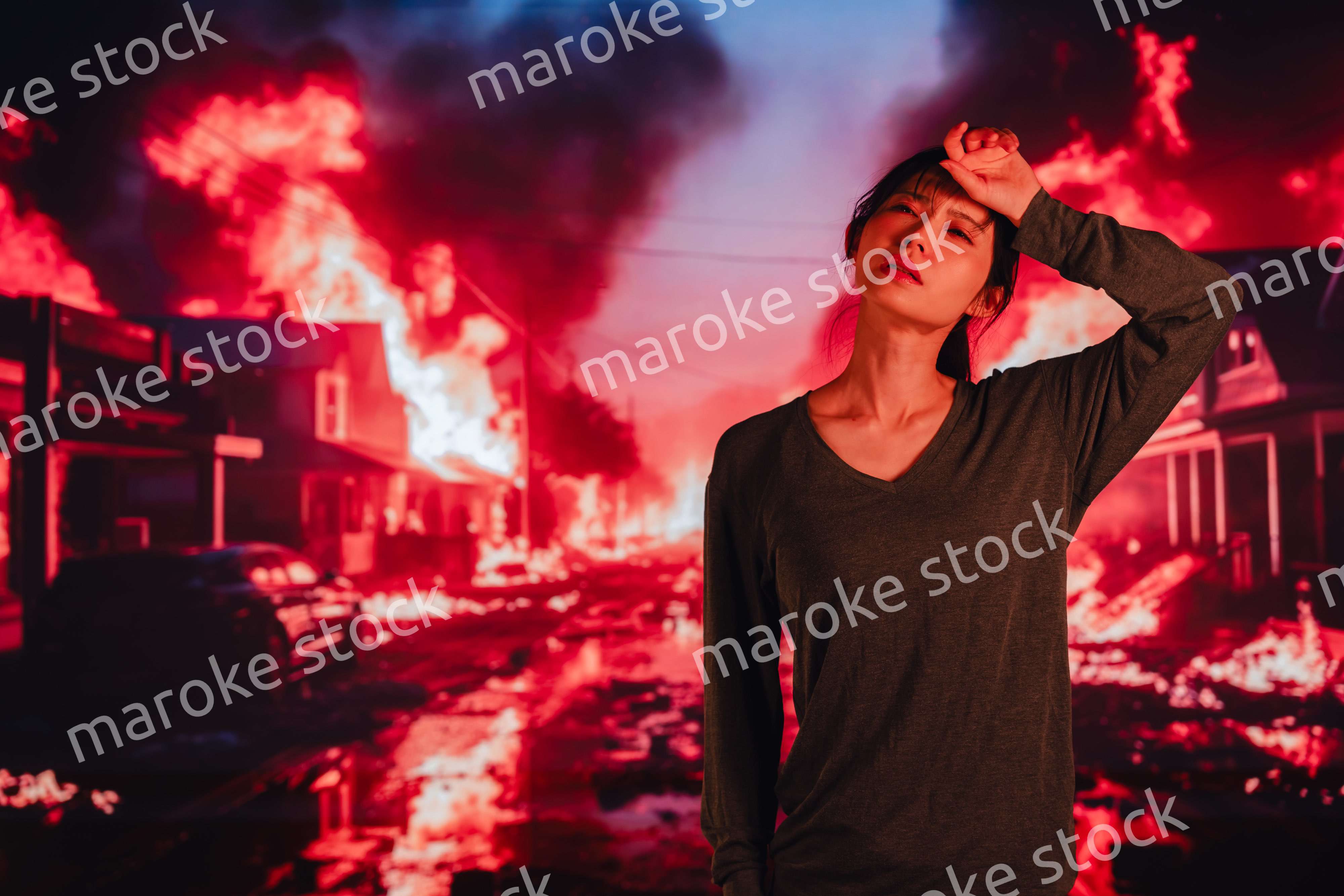 大火災で途方に暮れる若い女性