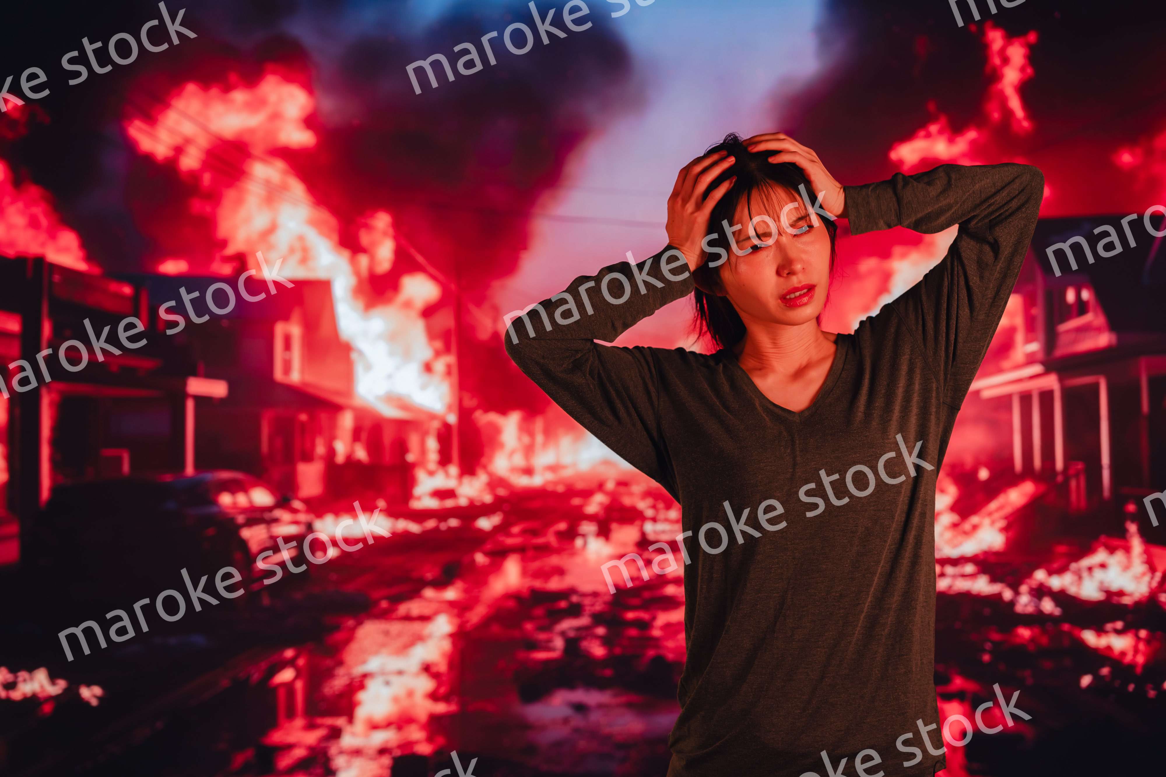 大火災で途方に暮れる若い女性