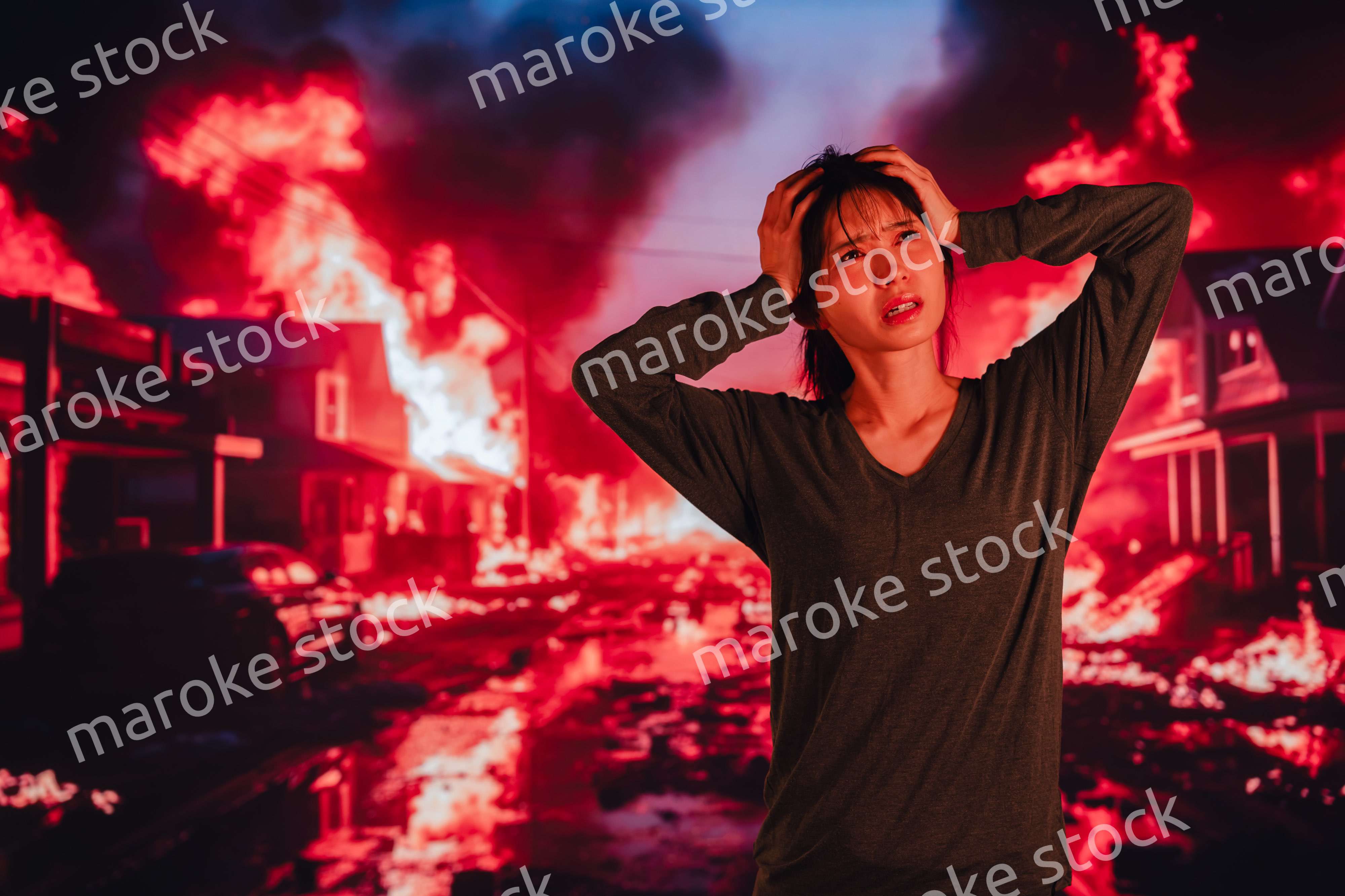 大火災で途方に暮れる若い女性