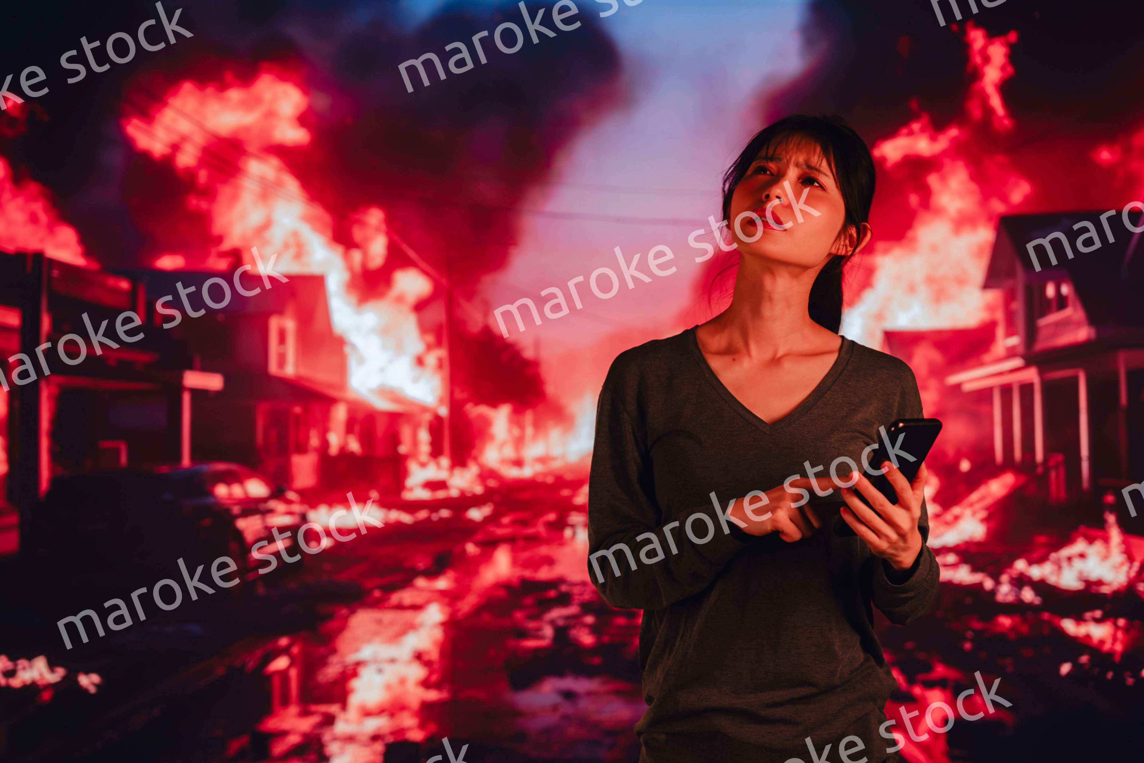 大火災で途方に暮れる若い女性