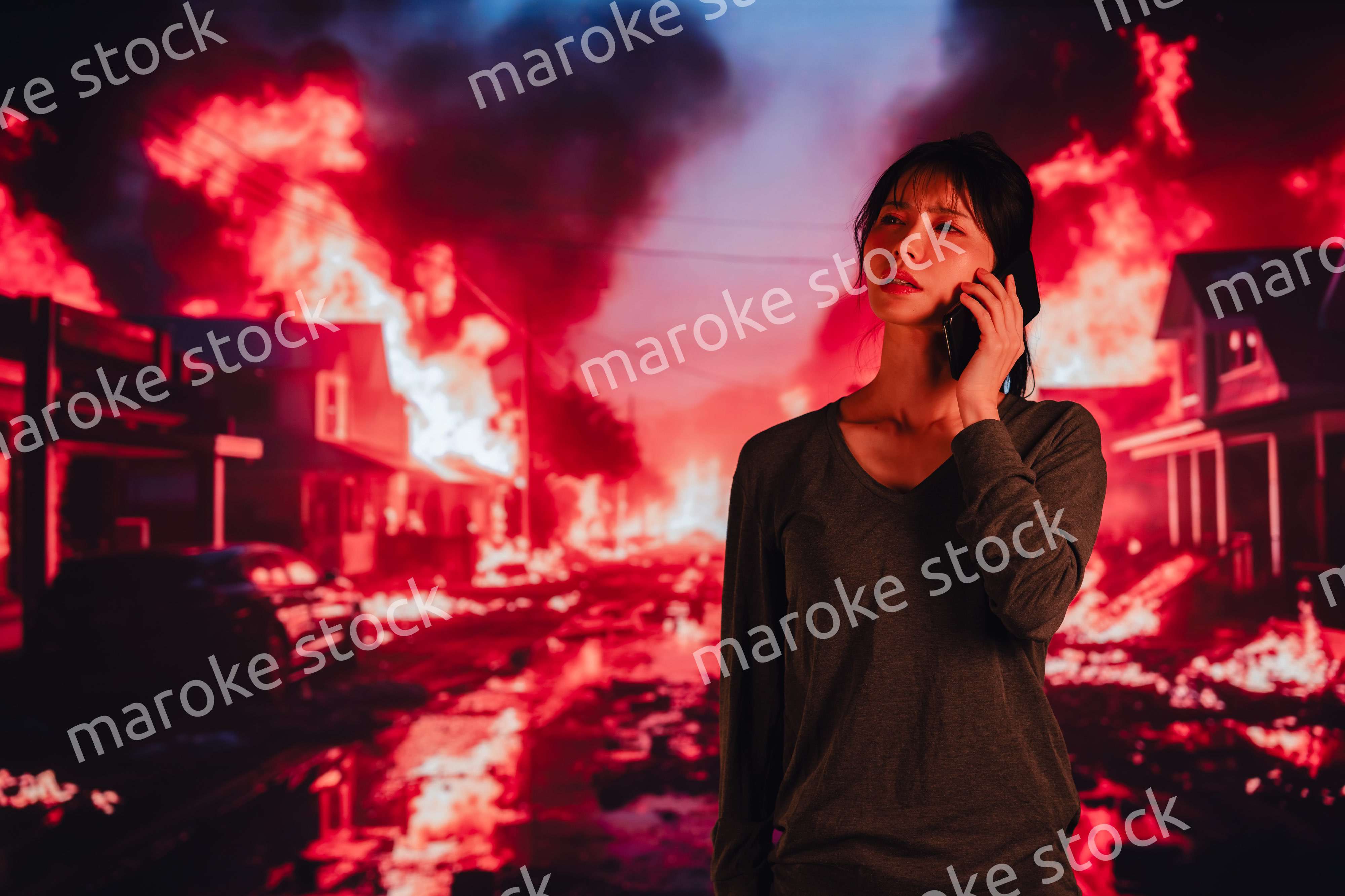 大火災で途方に暮れる若い女性