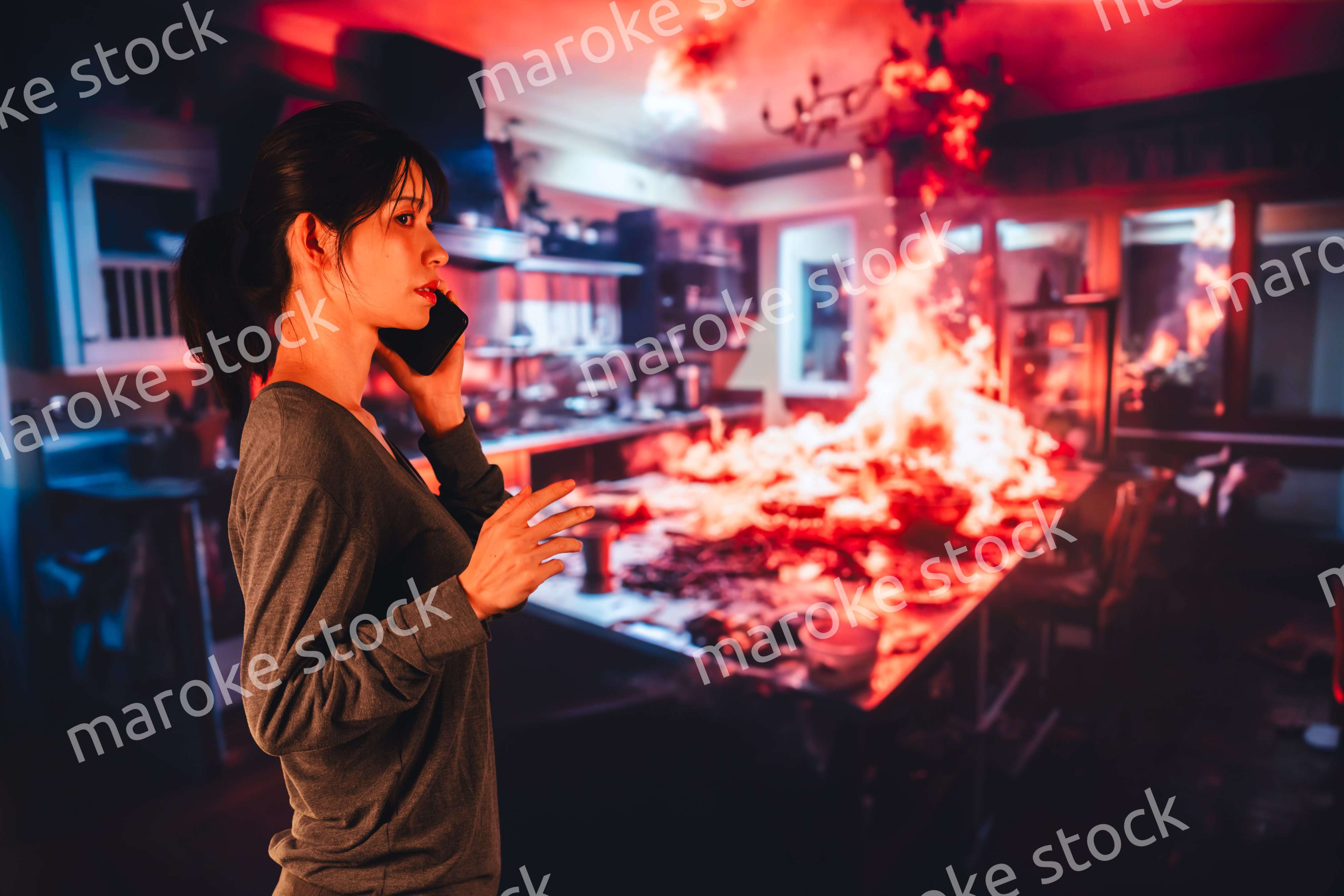 火災が発生し消防に通報をする若い女性