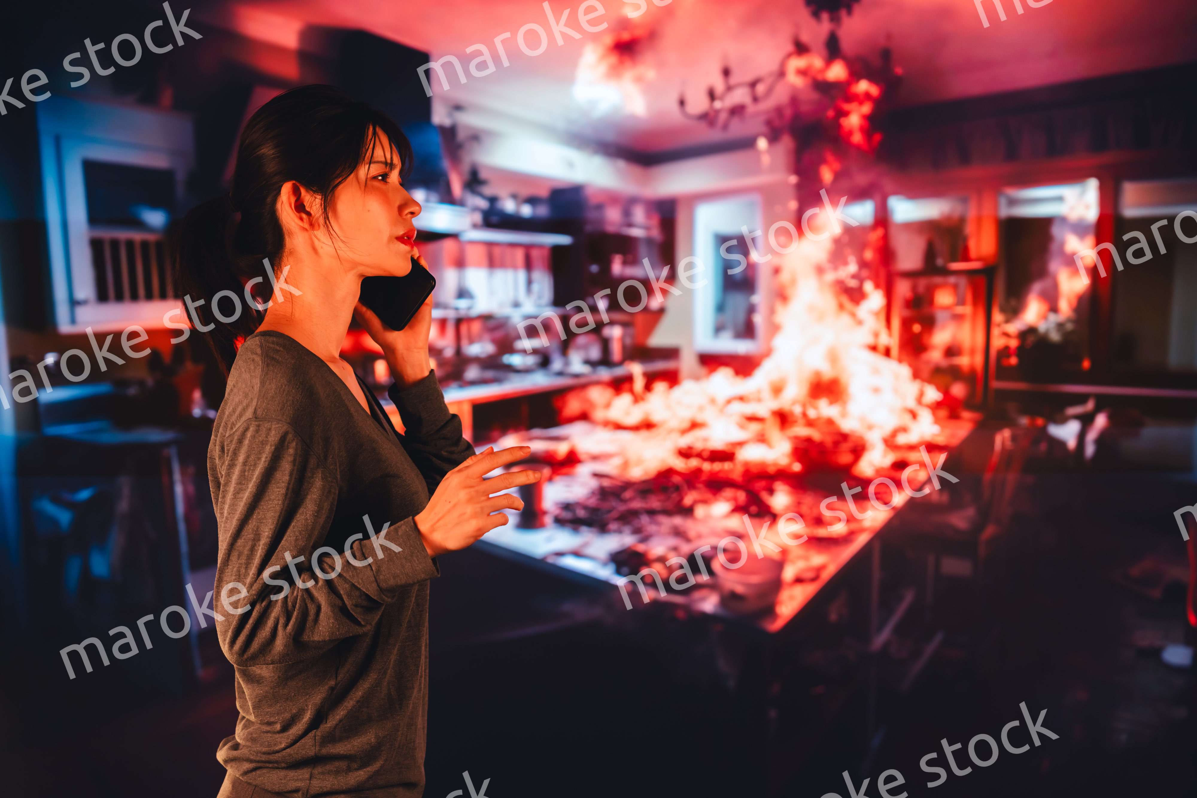 火災が発生し消防に通報をする若い女性