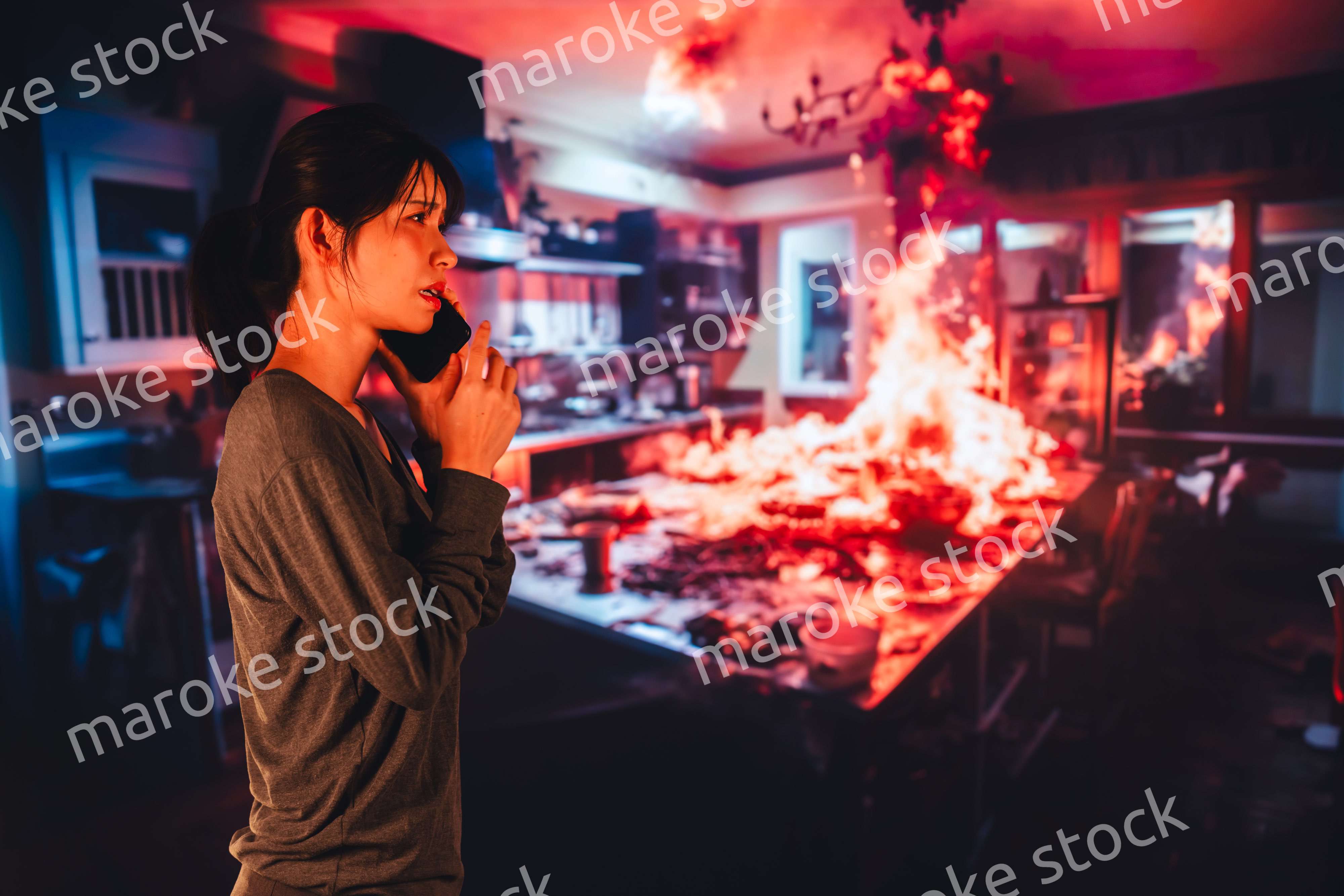 火災が発生し消防に通報をする若い女性