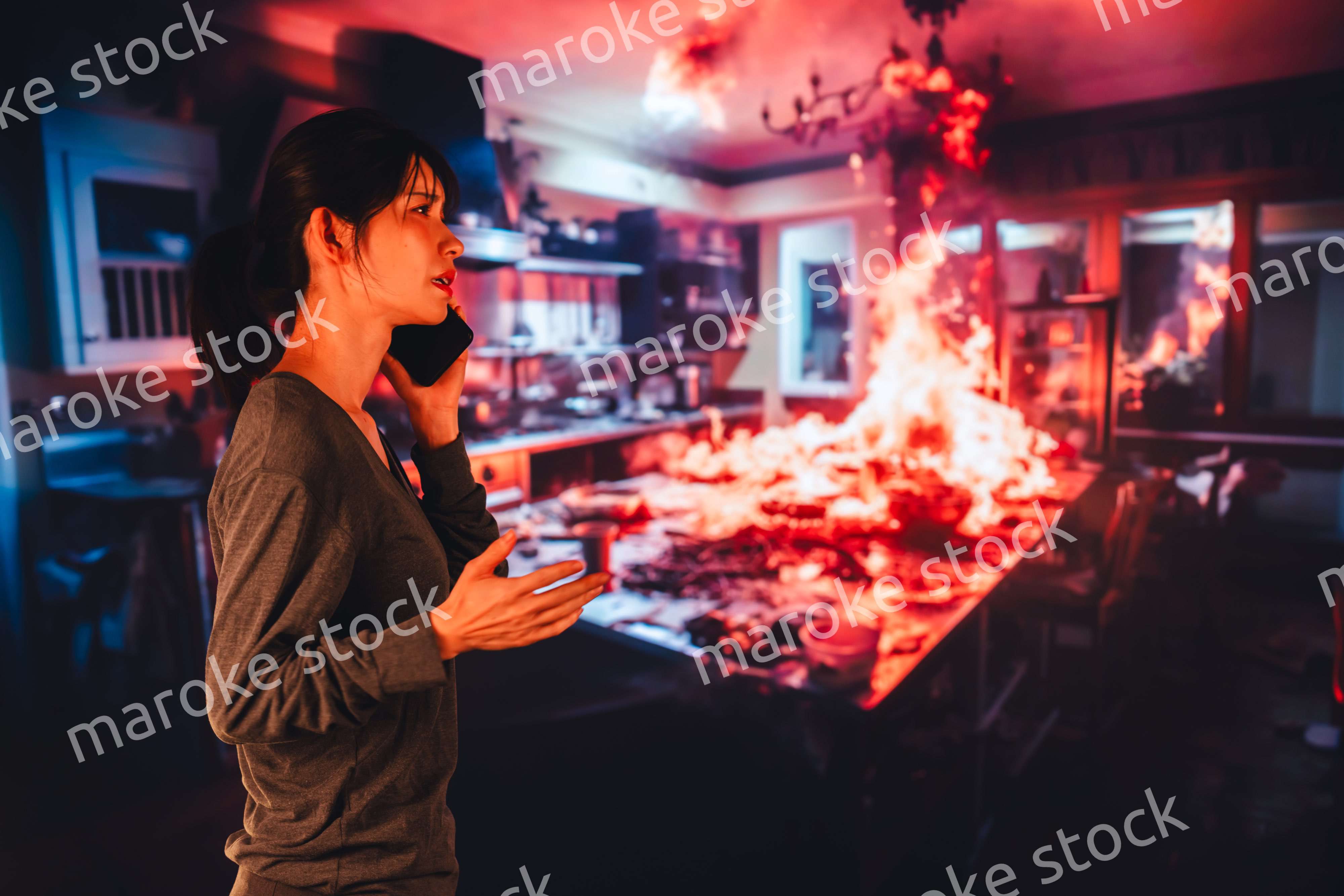 火災が発生し消防に通報をする若い女性