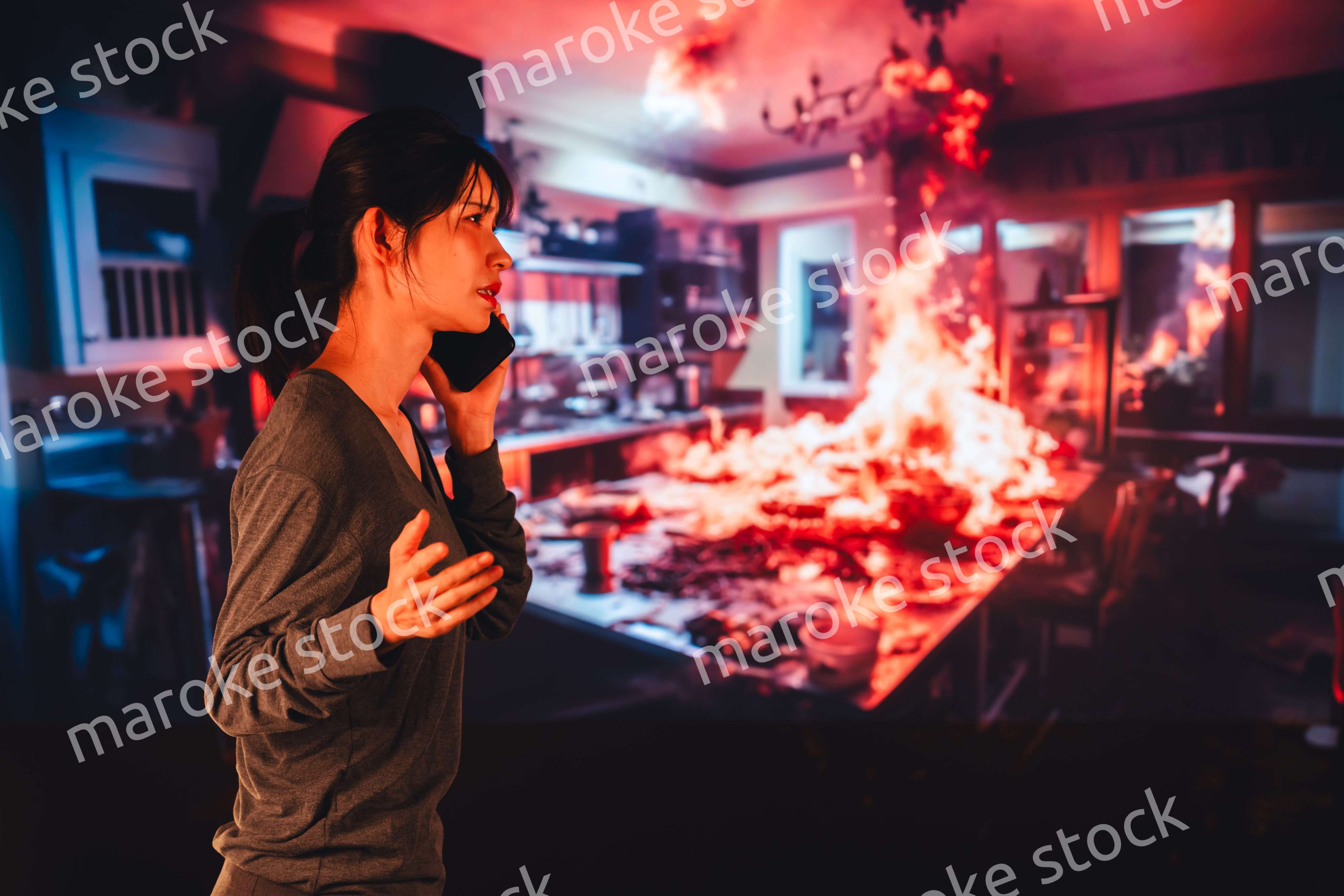 火災が発生し消防に通報をする若い女性