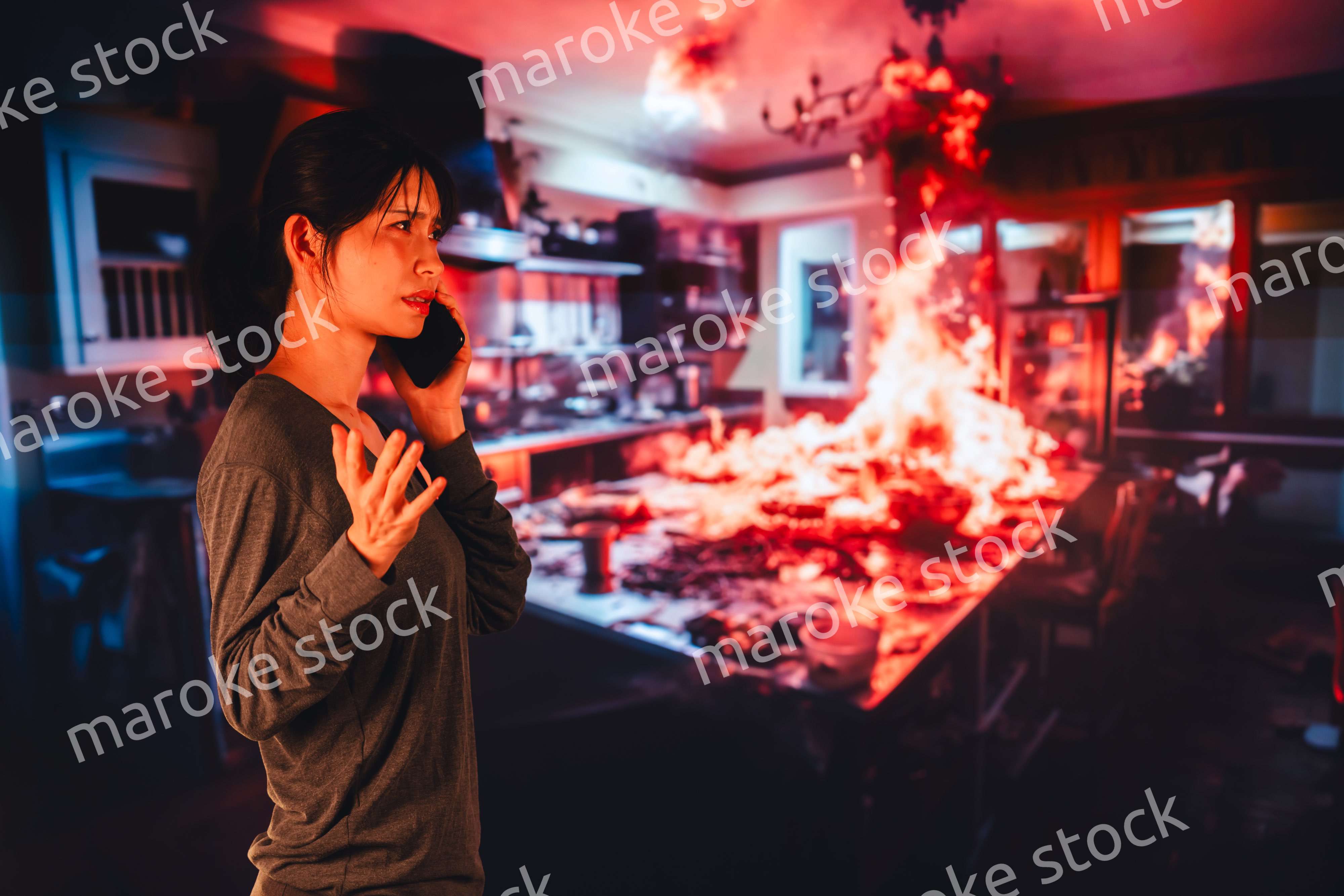 火災が発生し消防に通報をする若い女性