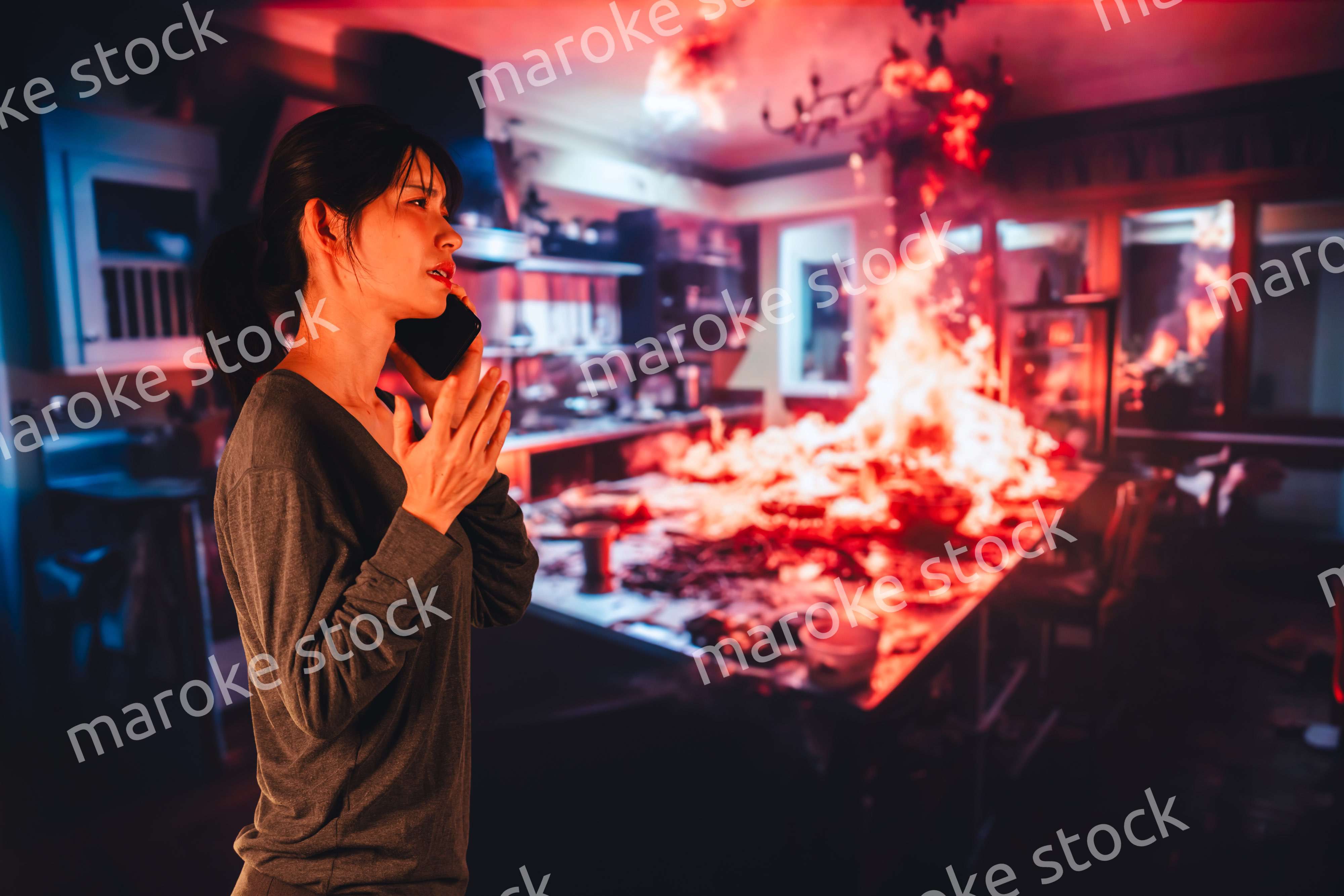 火災が発生し消防に通報をする若い女性