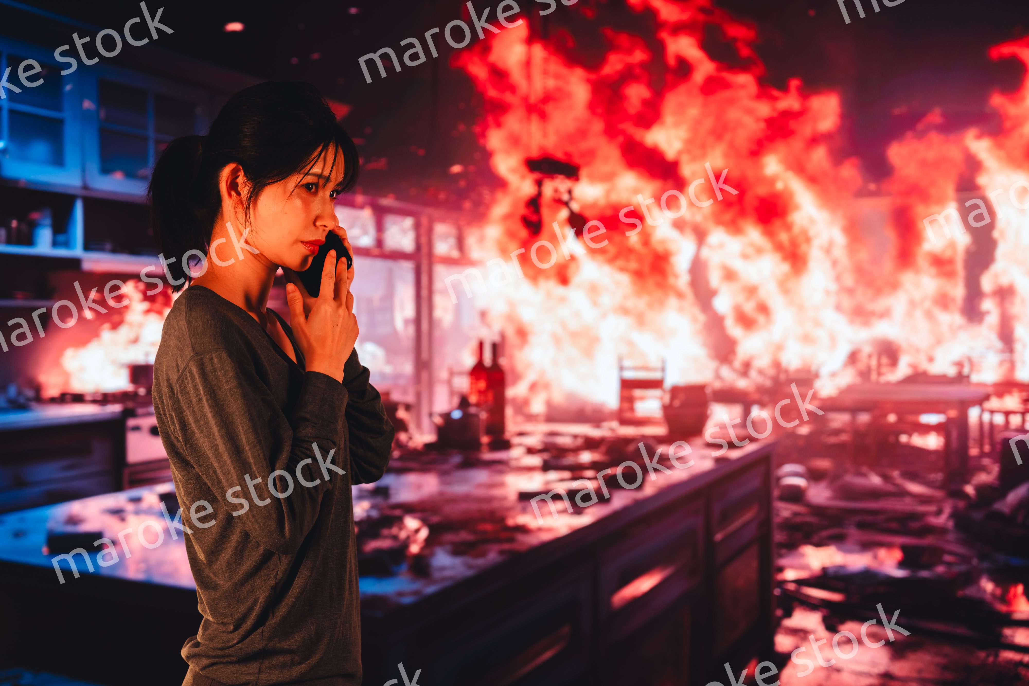 火災が発生し消防に通報をする若い女性