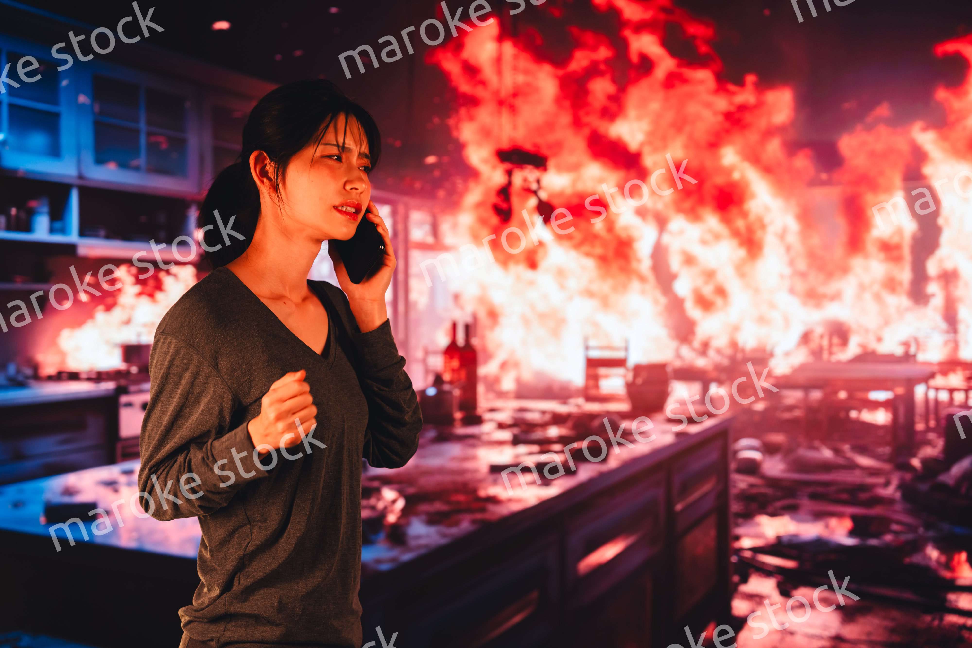 火災が発生し消防に通報をする若い女性