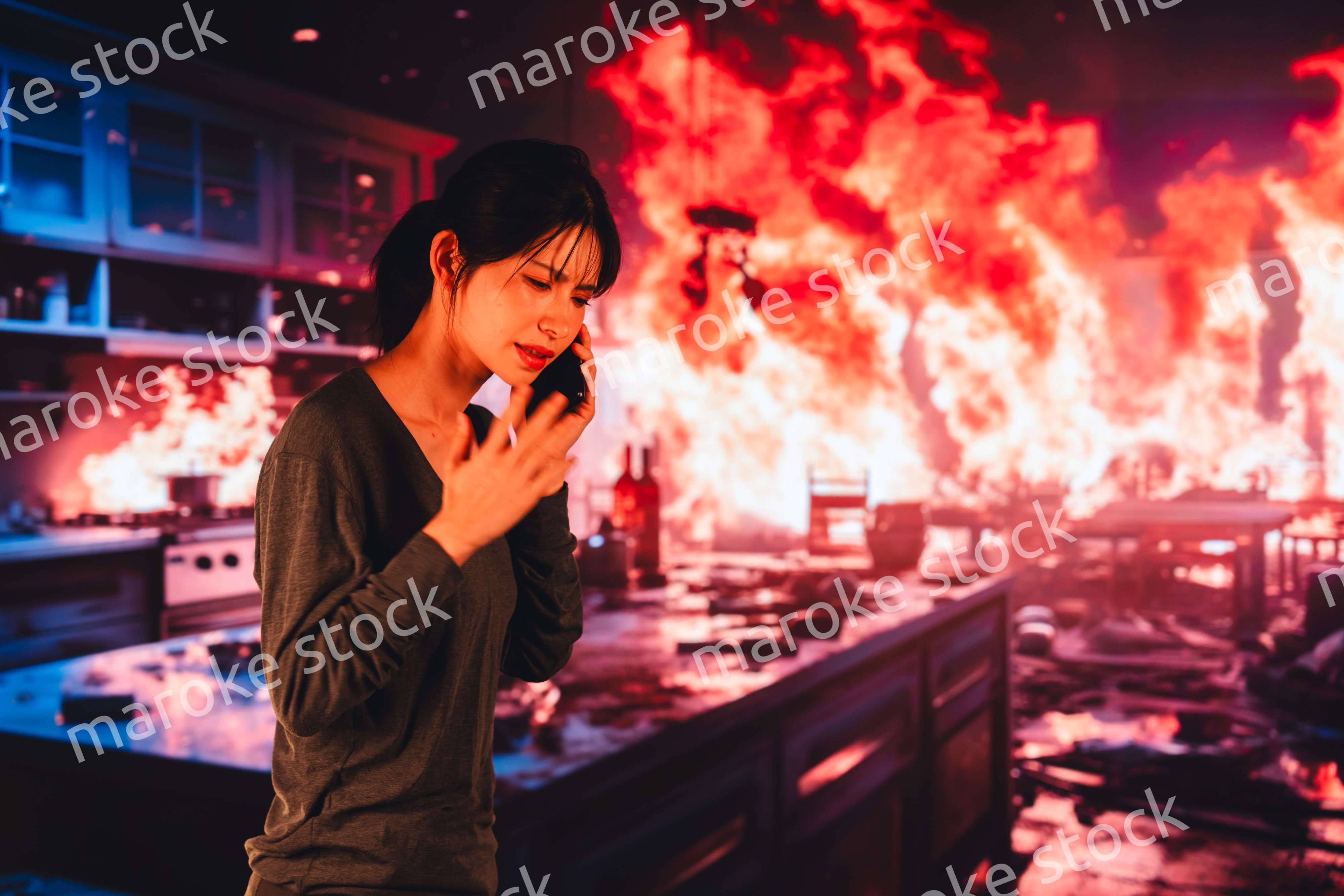 火災が発生し消防に通報をする若い女性