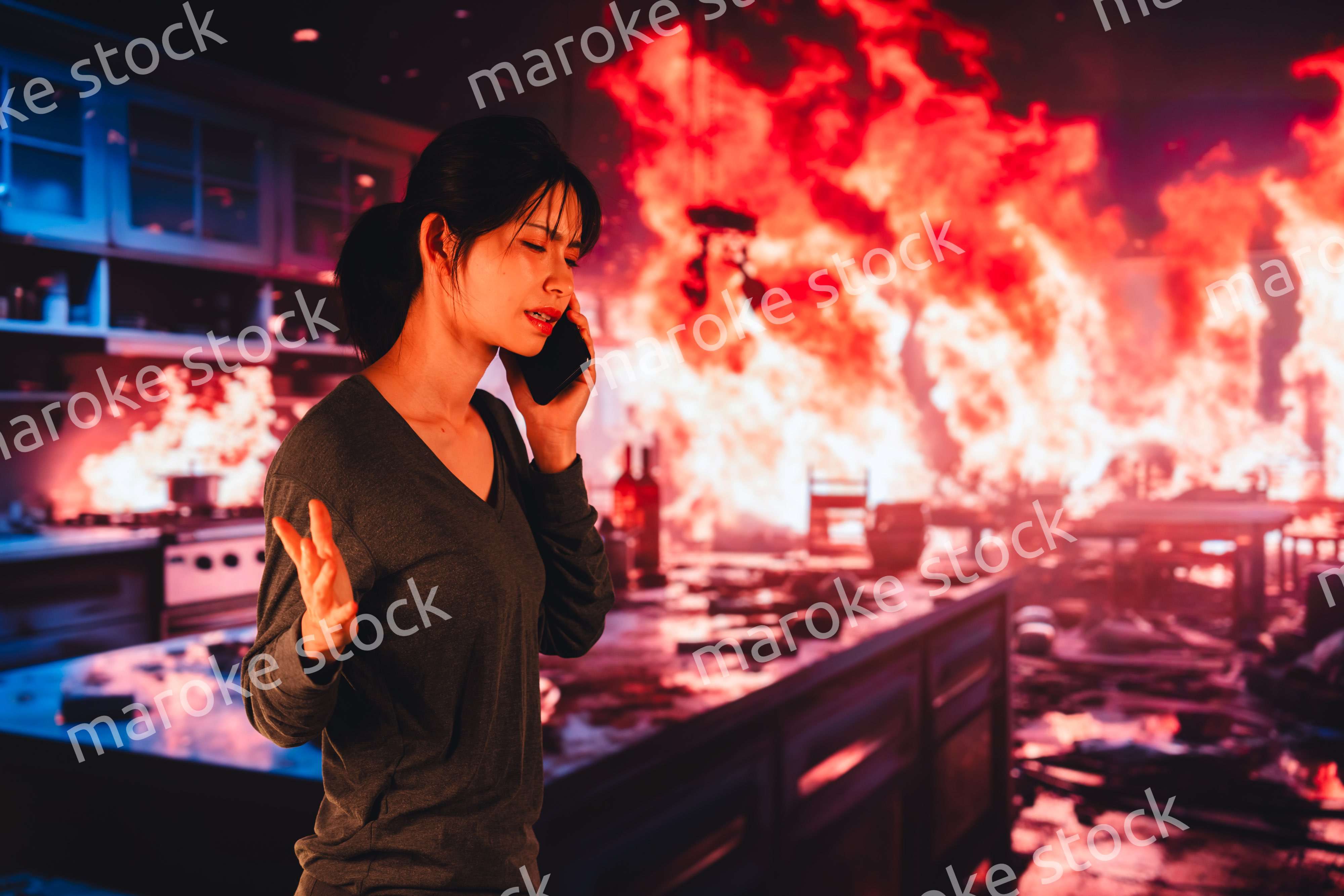 火災が発生し消防に通報をする若い女性