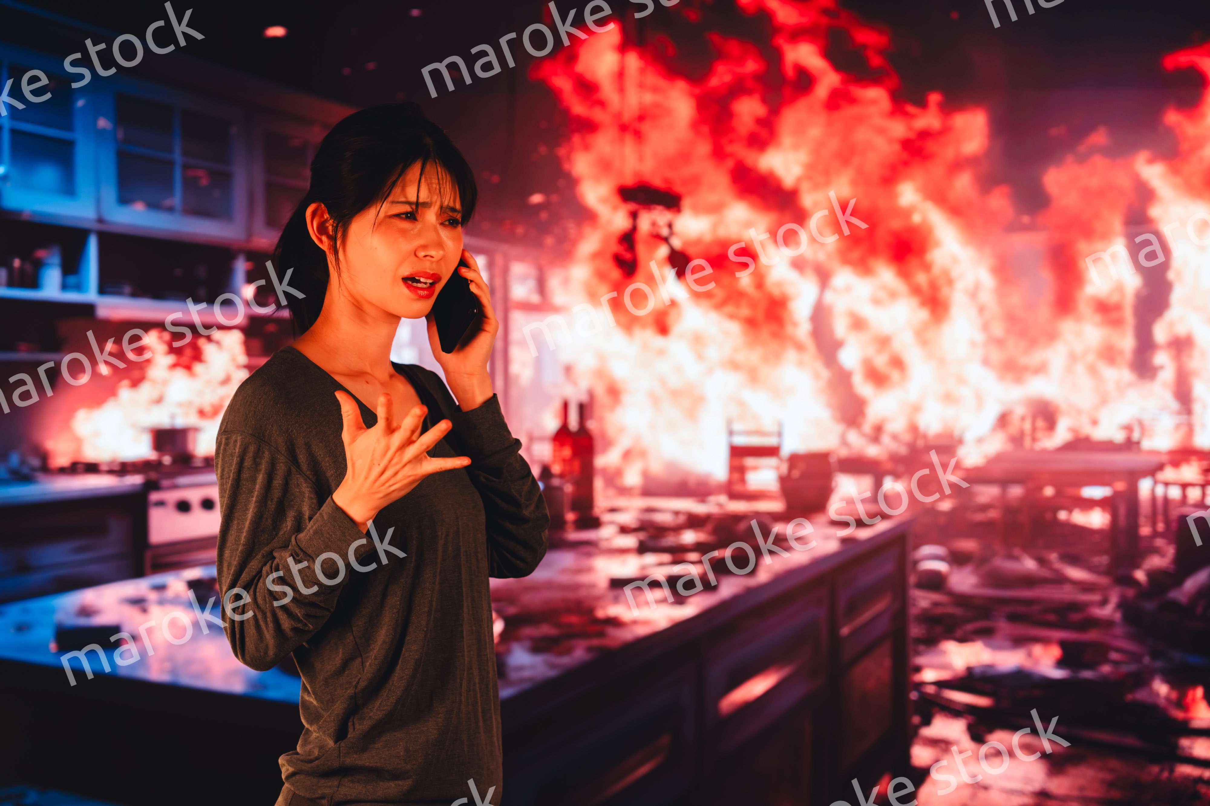 火災が発生し消防に通報をする若い女性