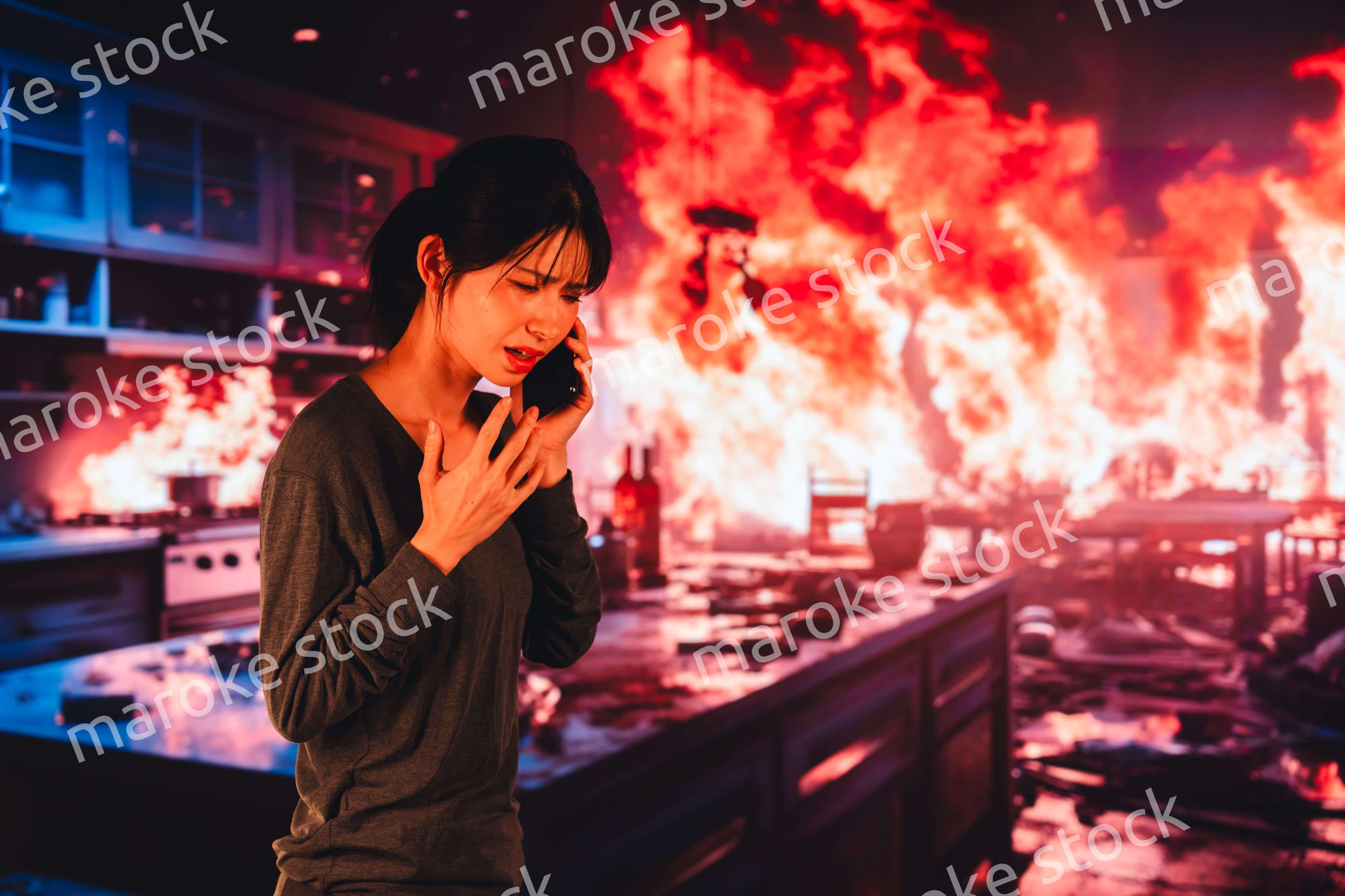 火災が発生し消防に通報をする若い女性