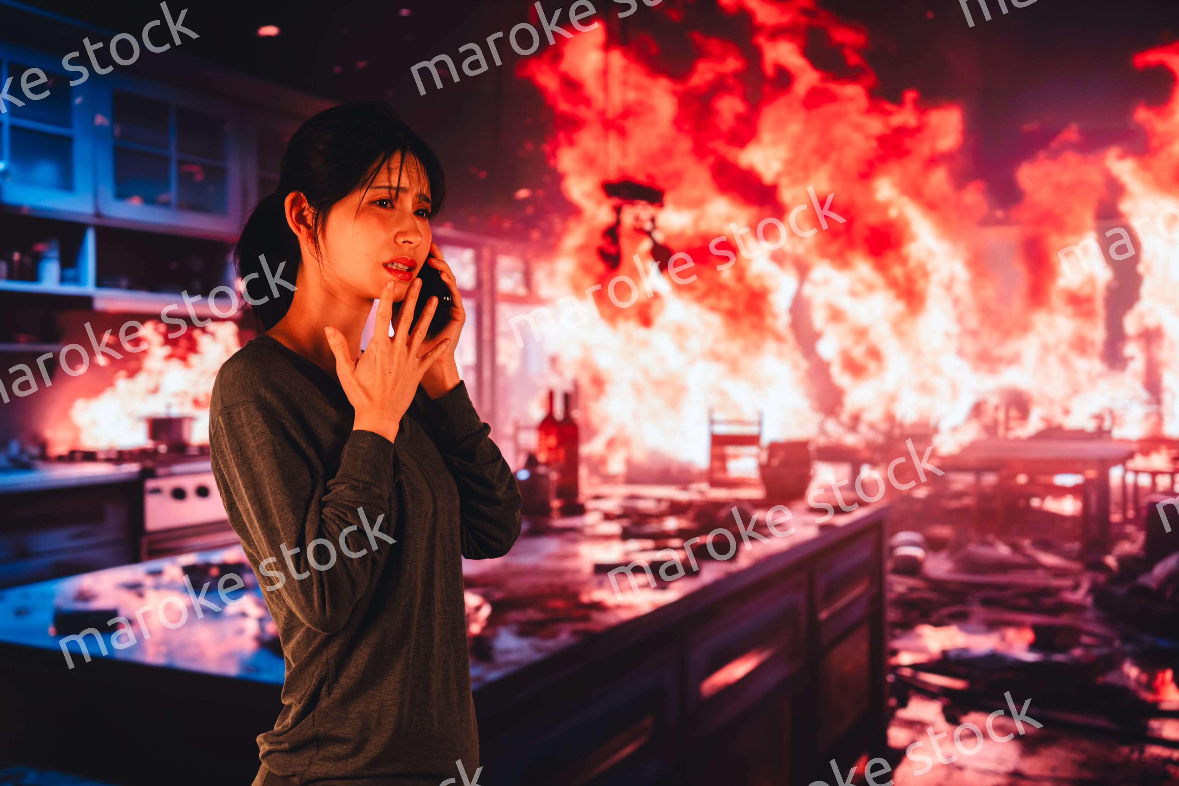 火災が発生し消防に通報をする若い女性