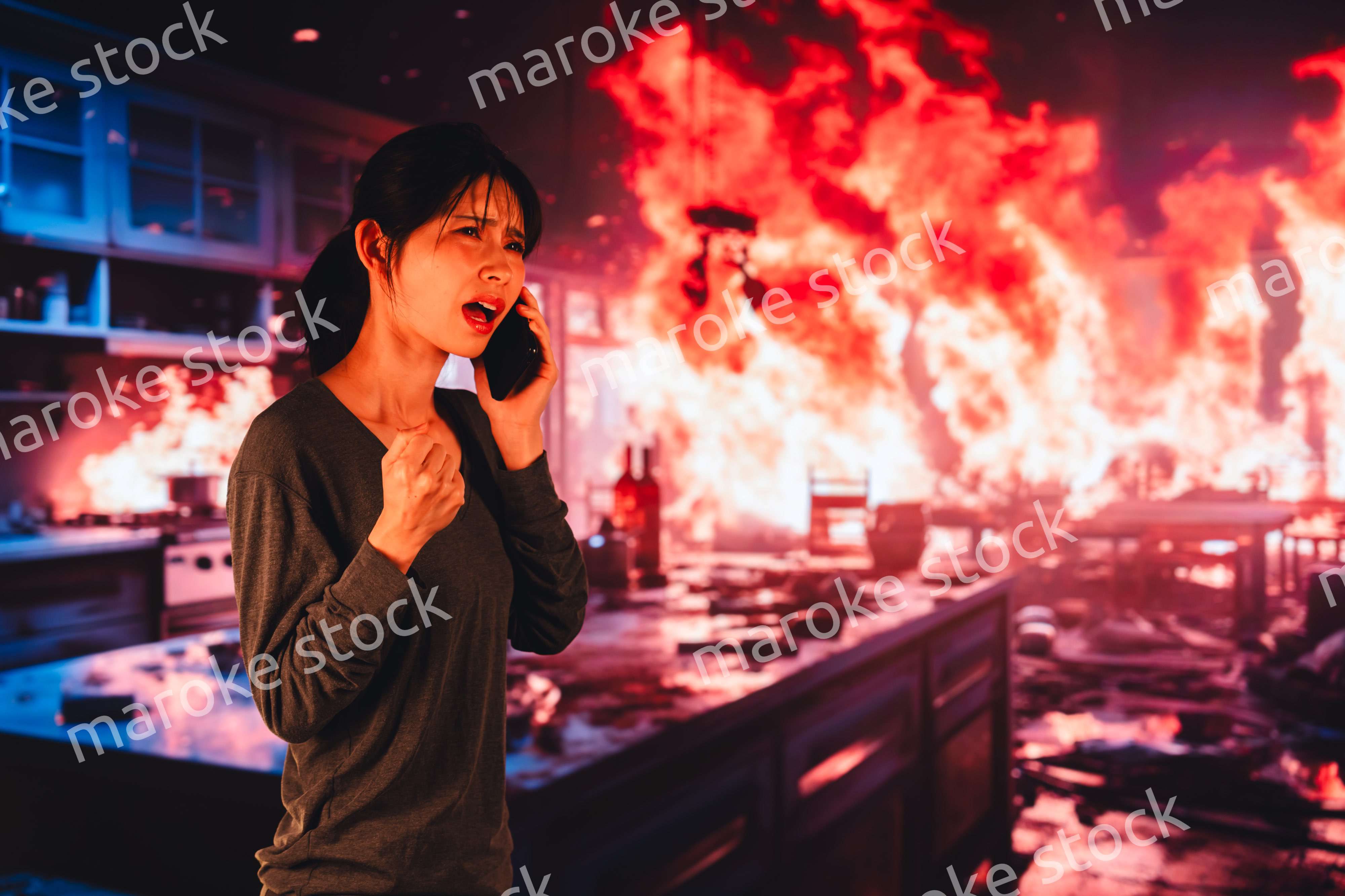 火災が発生し消防に通報をする若い女性