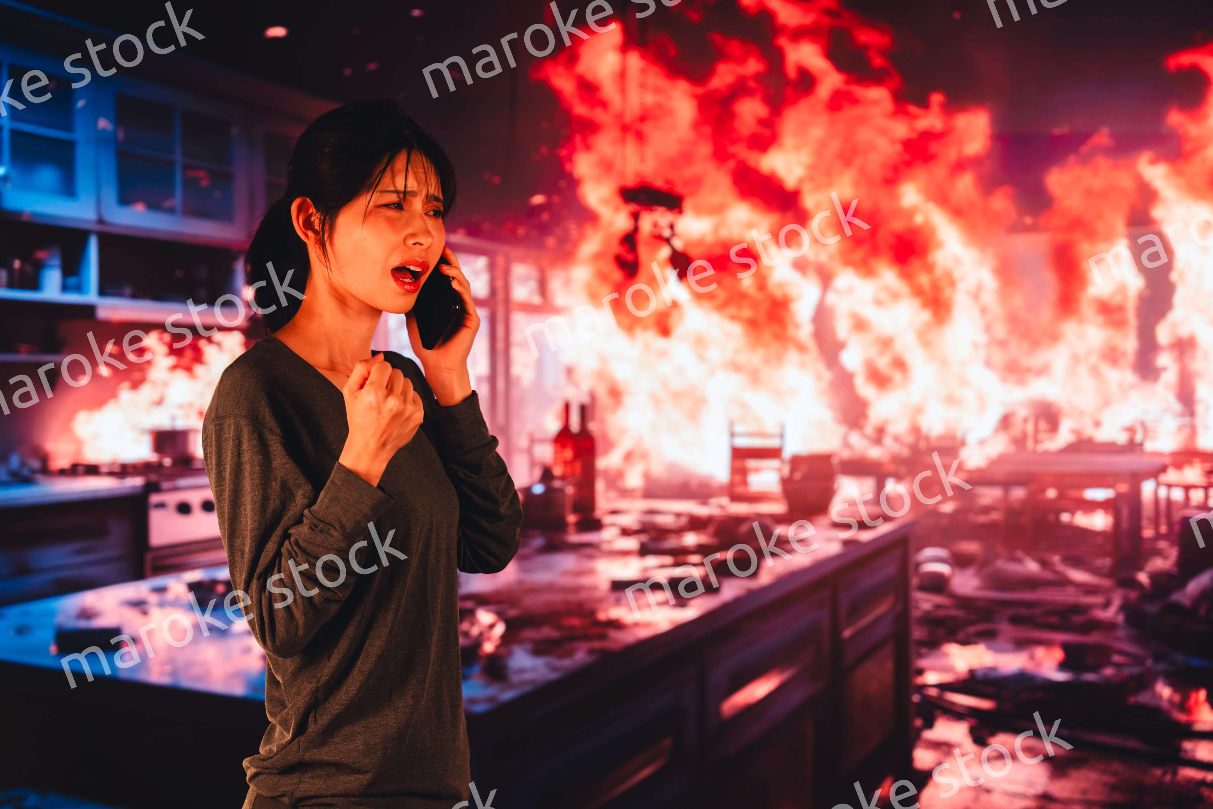 火災が発生し消防に通報をする若い女性