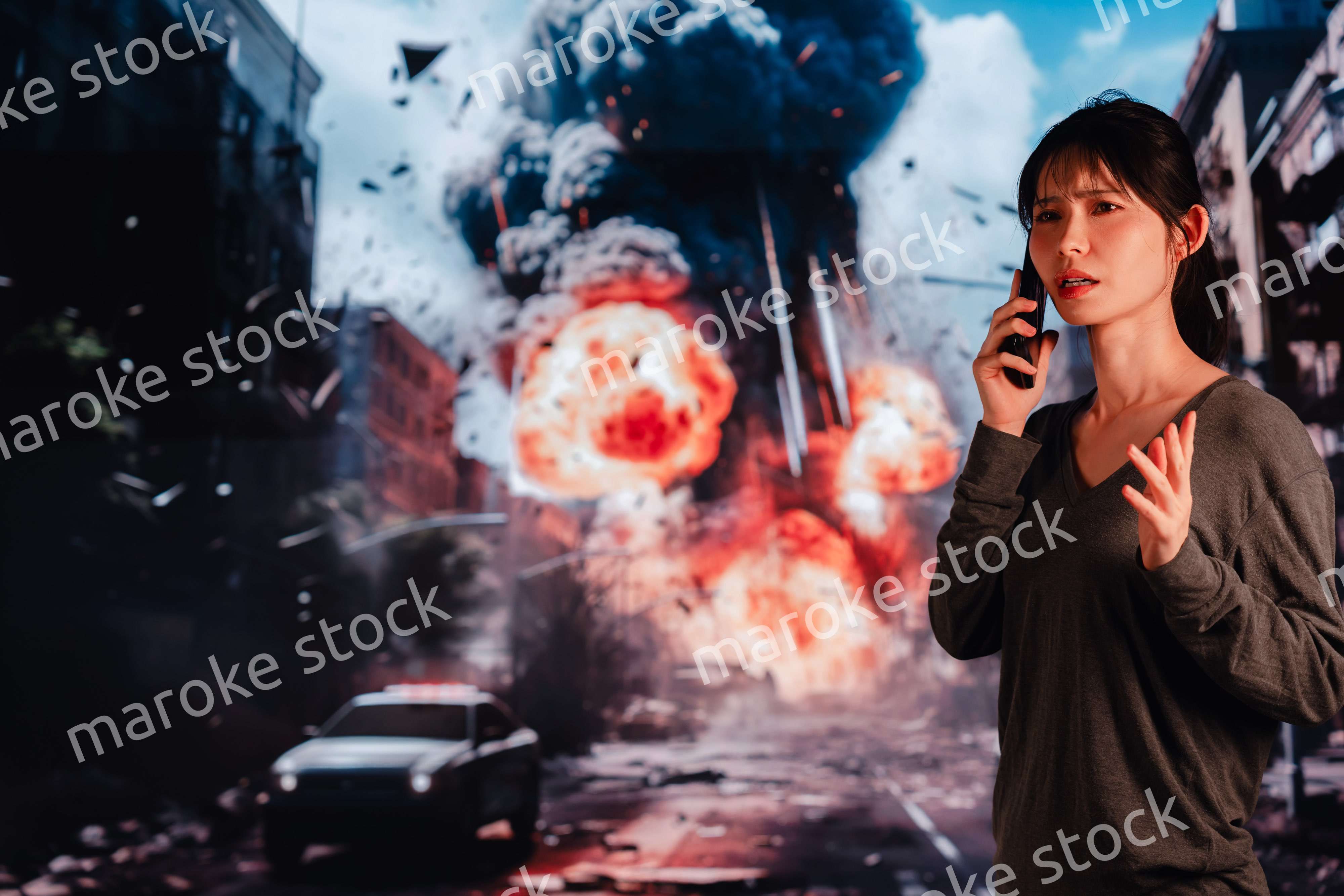 爆弾から逃げる若い女性