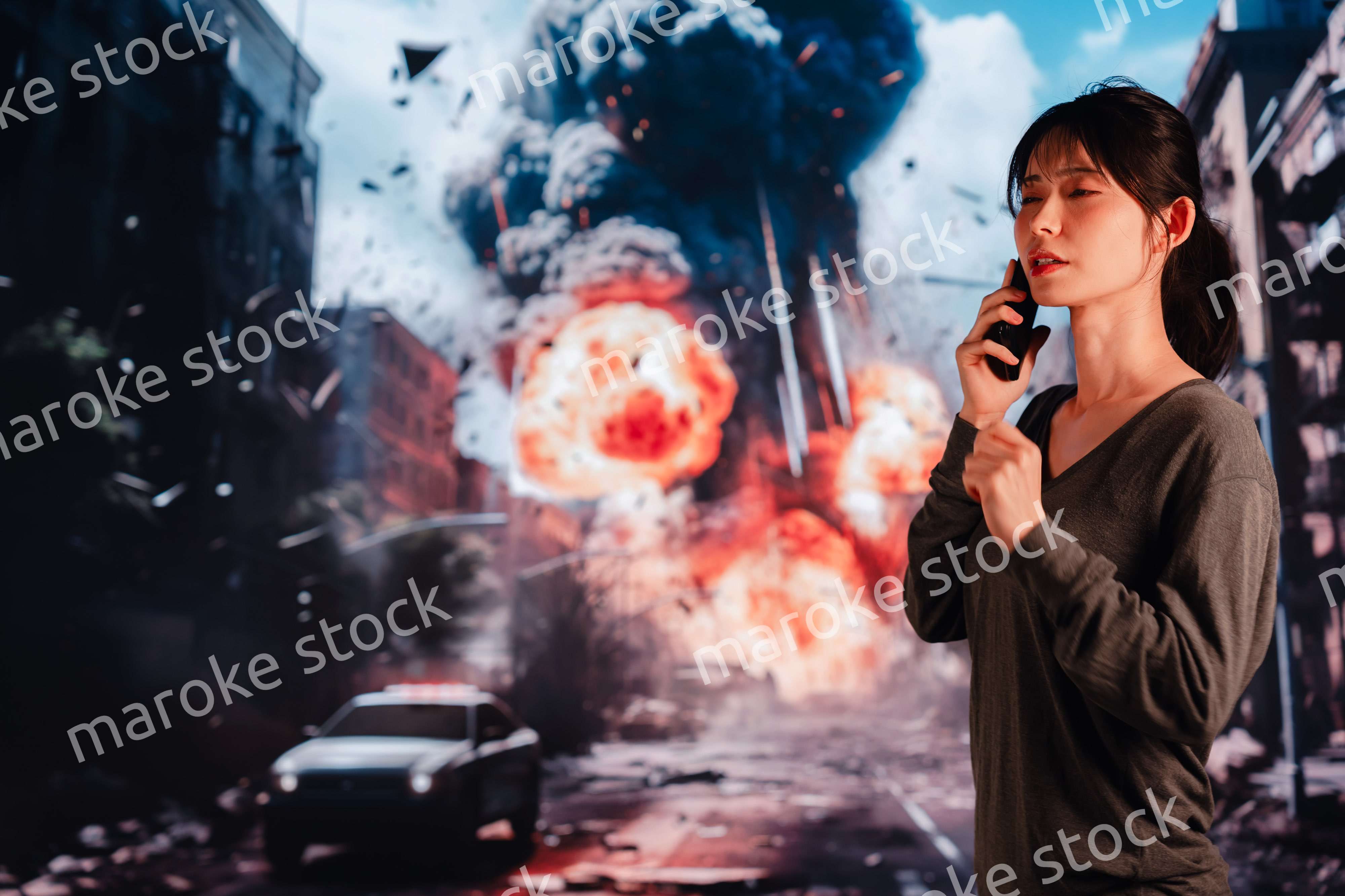 爆弾から逃げる若い女性