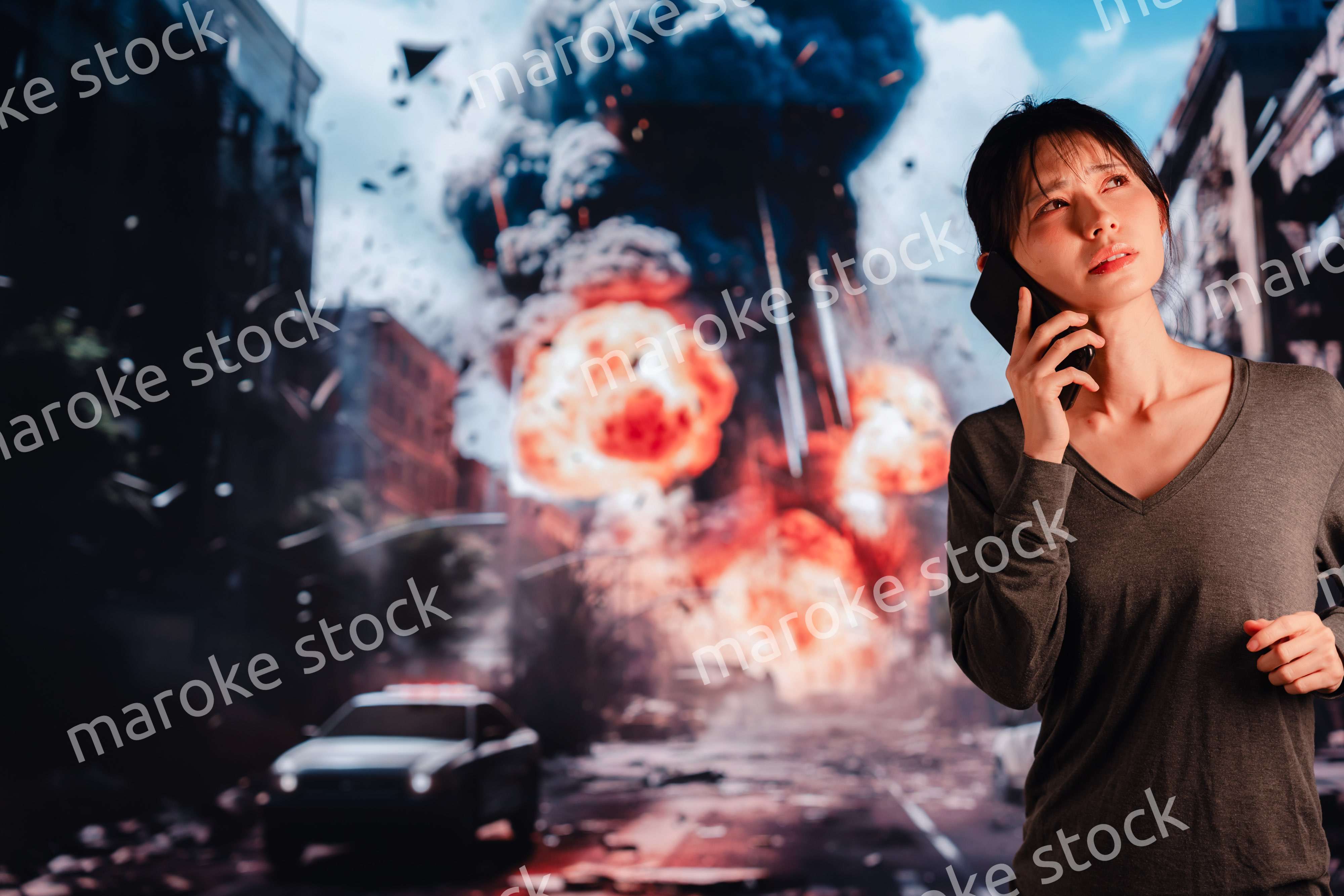 爆弾から逃げる若い女性