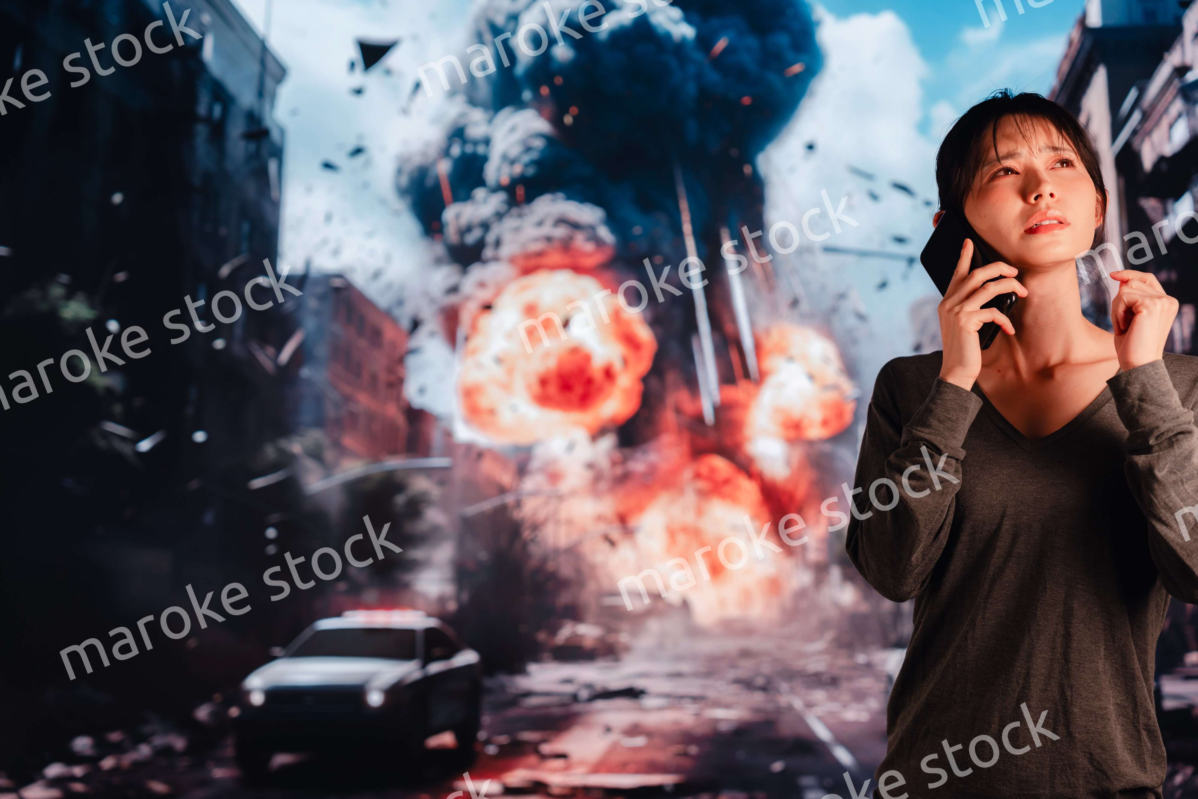 爆弾から逃げる若い女性