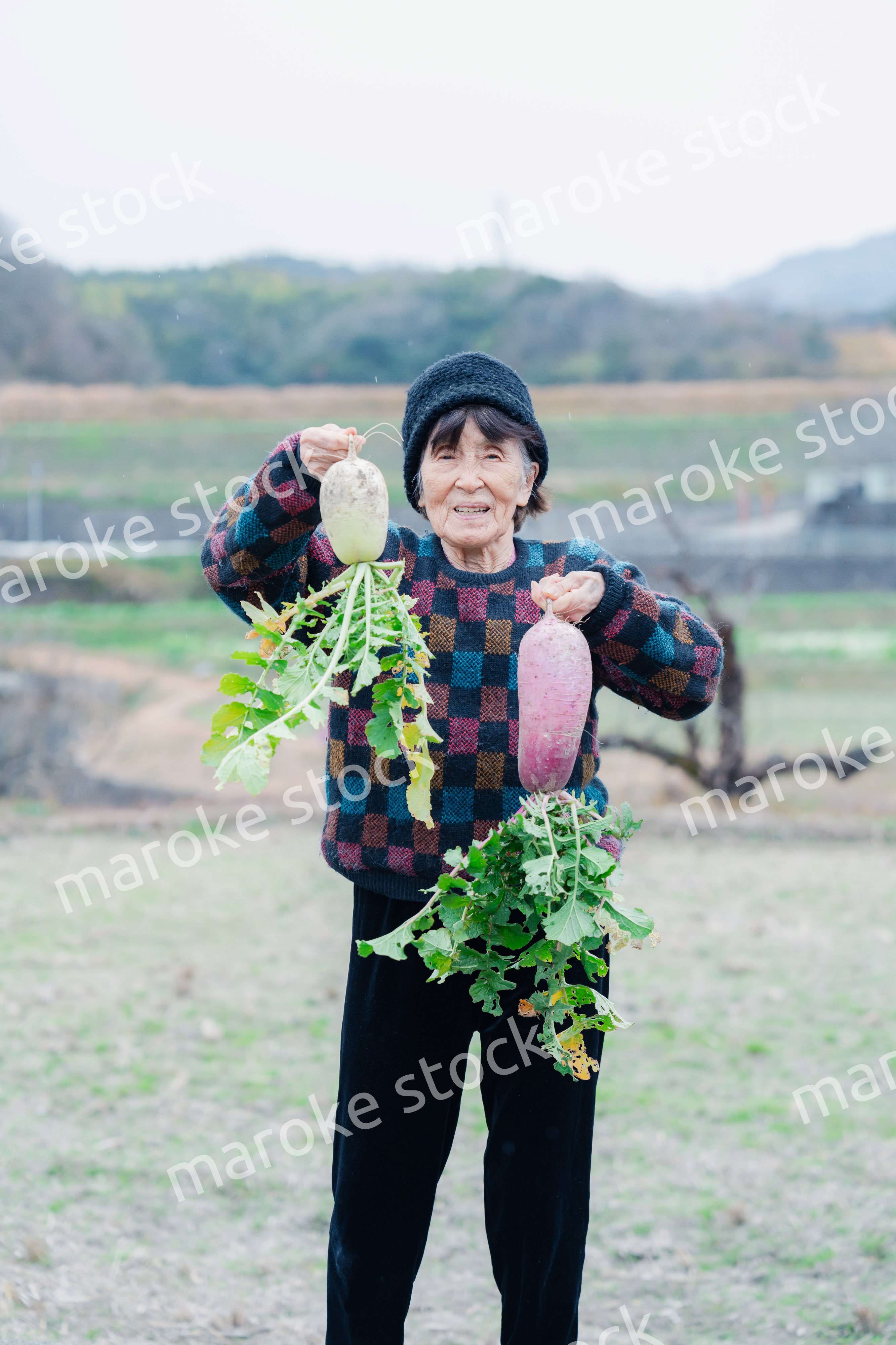 畑で野菜を持つ高齢の女性