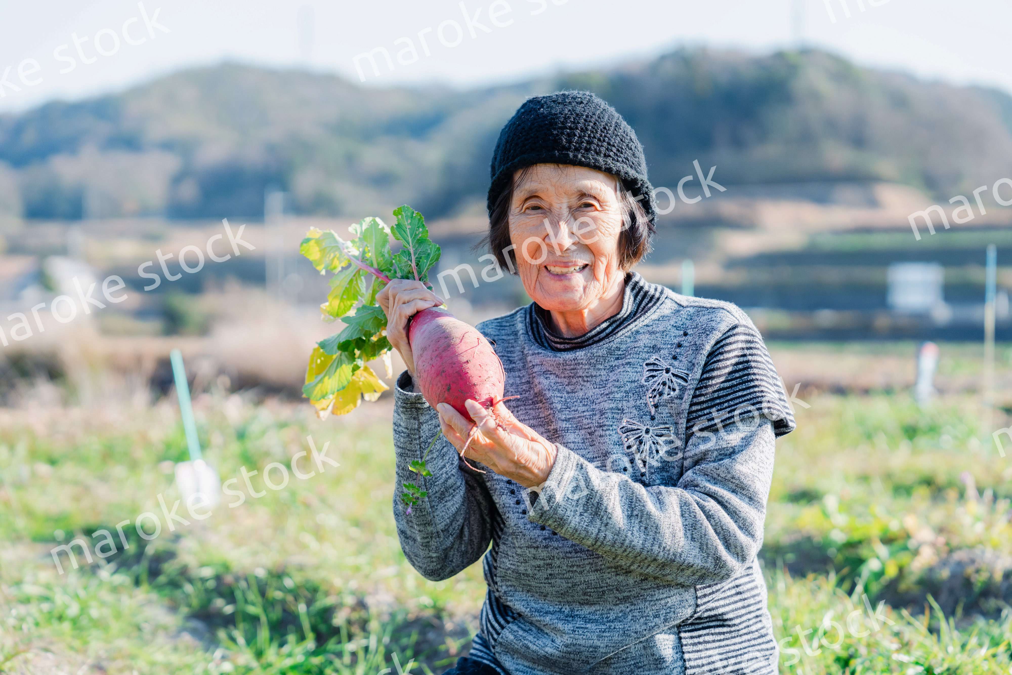 畑で野菜を持つ高齢の女性