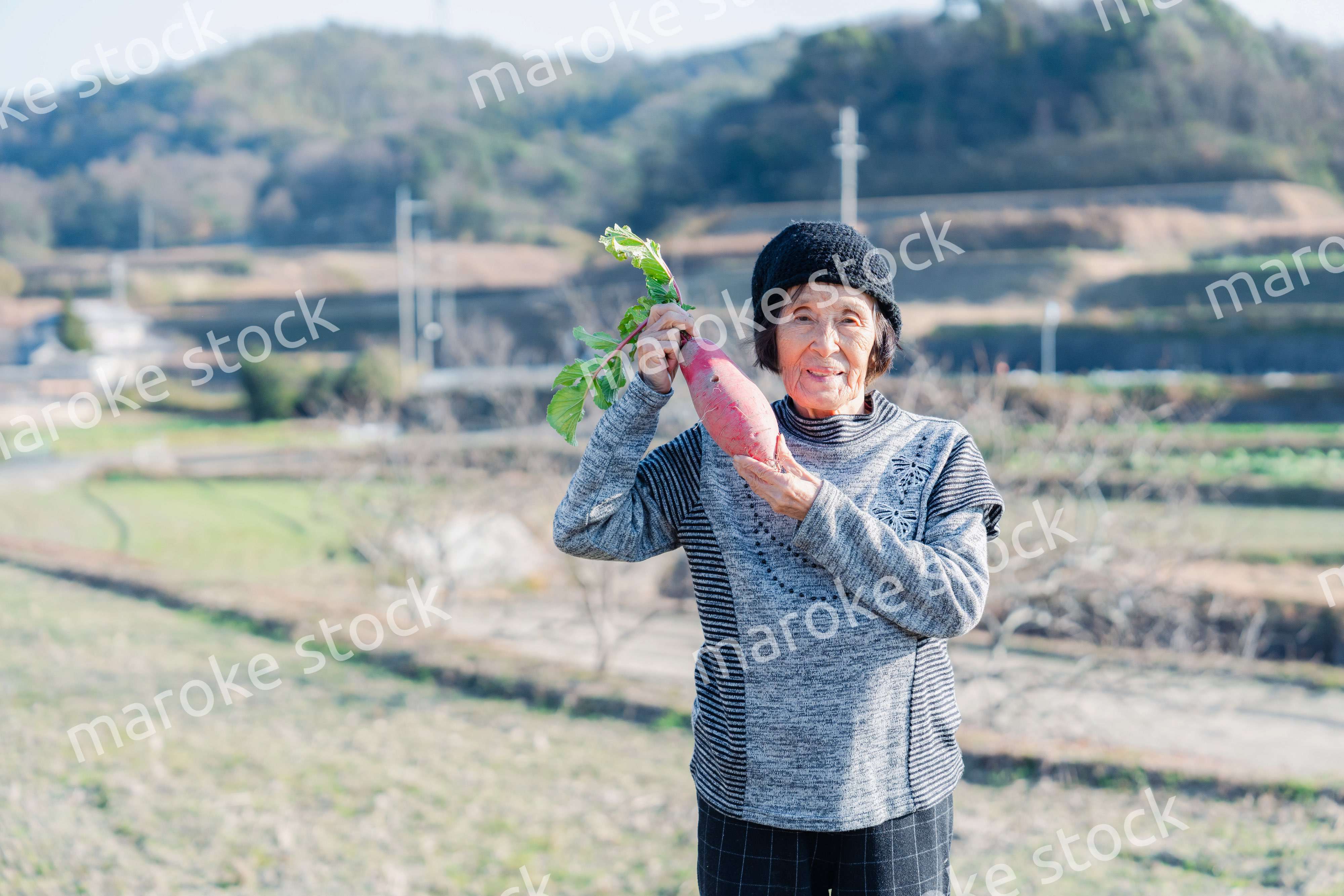 畑で野菜を持つ高齢の女性