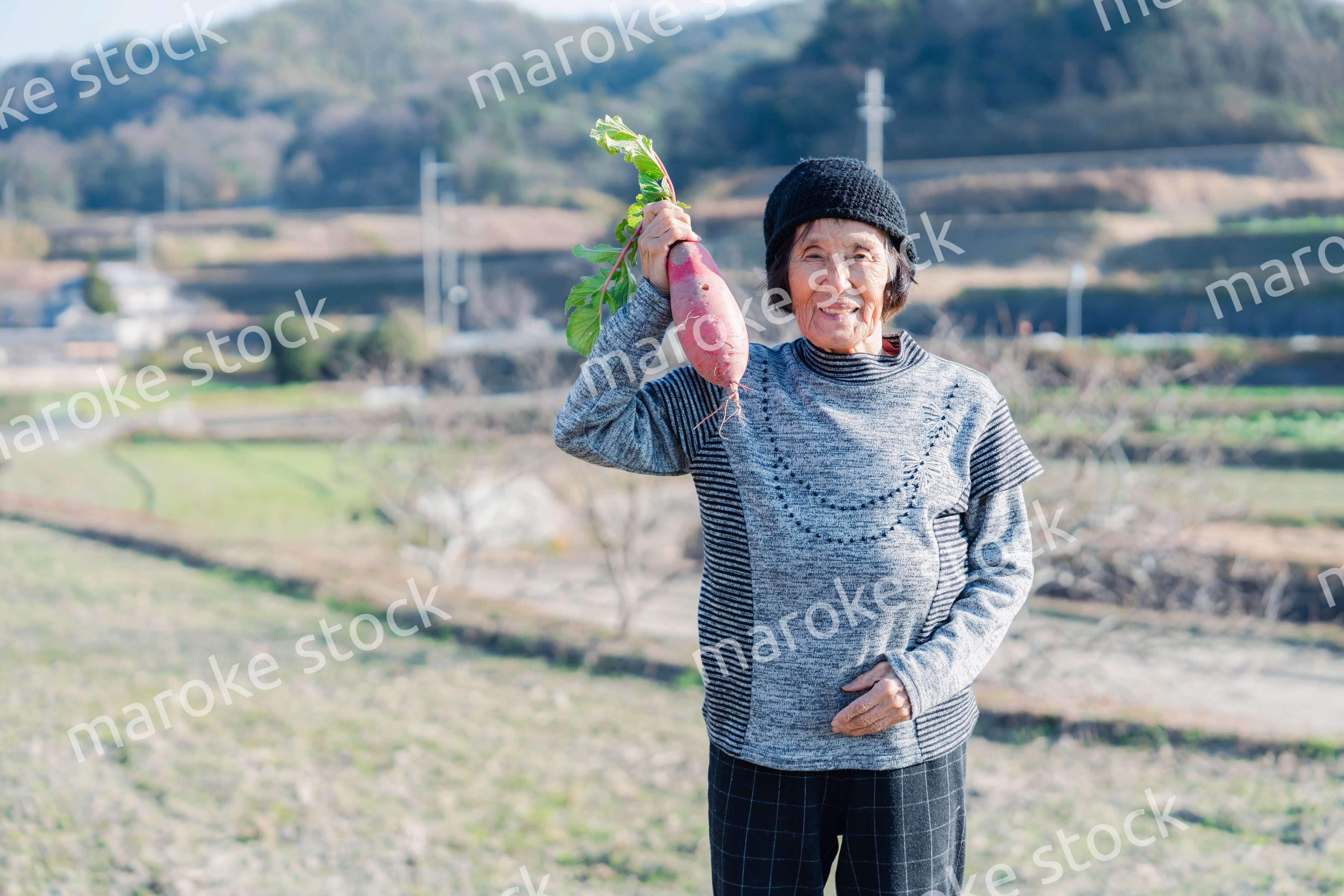 畑で野菜を持つ高齢の女性