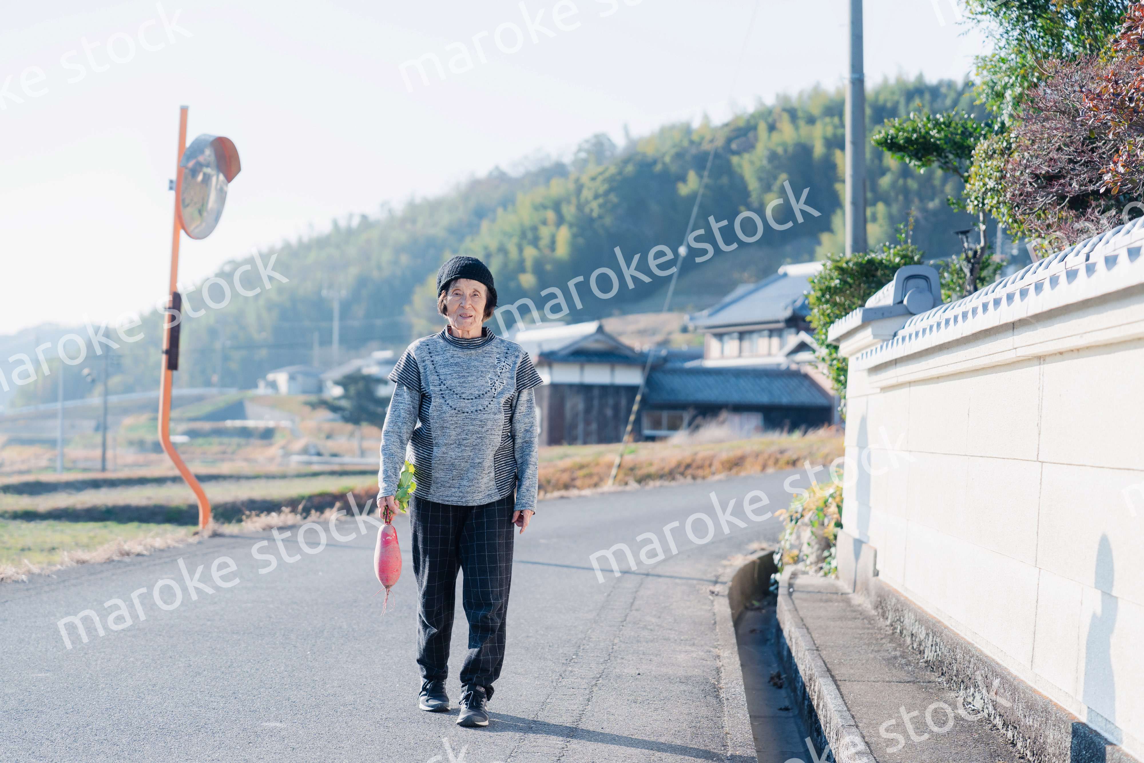 畑で野菜を持つ高齢の女性