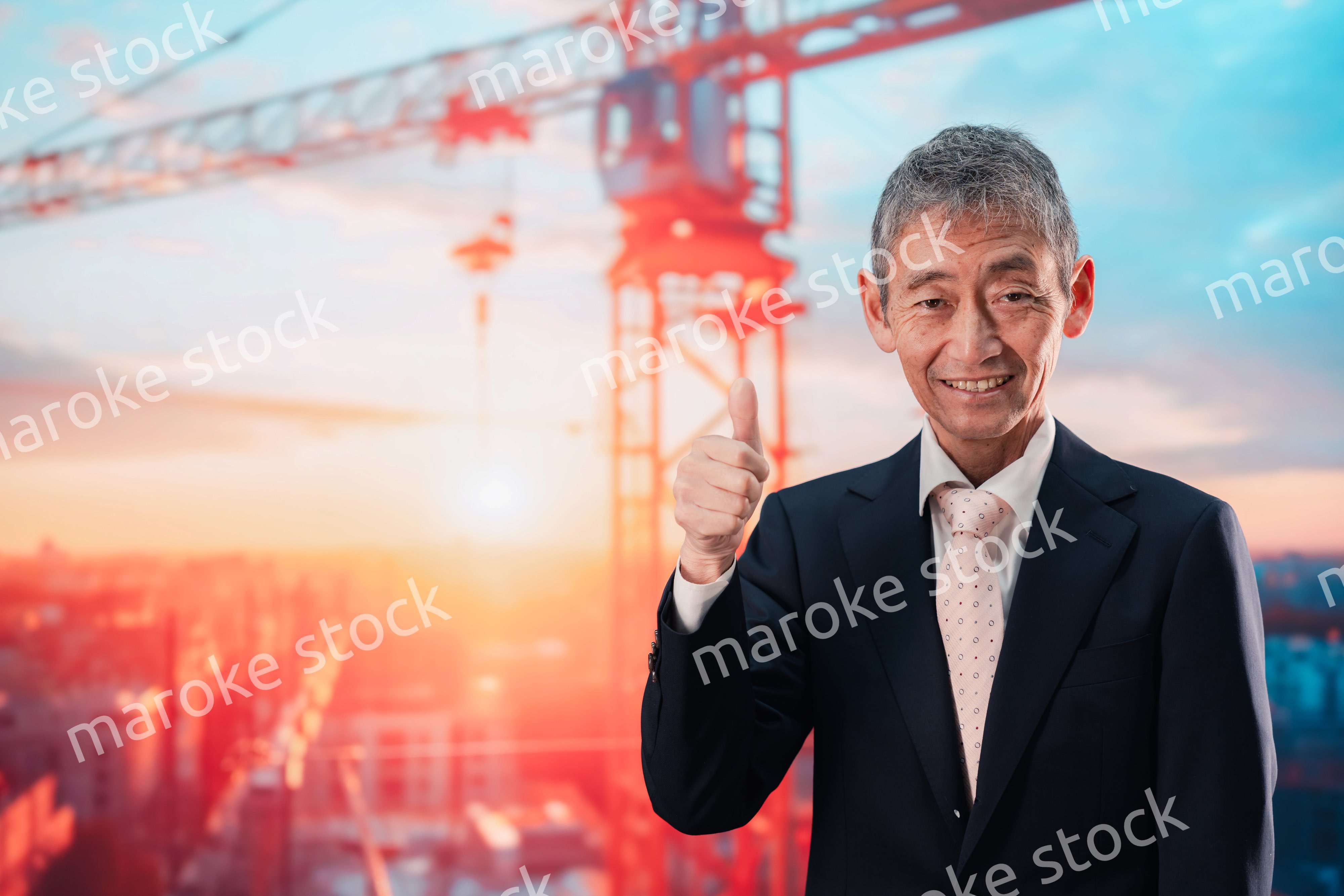 タワークレーンの前に立つスーツ姿の男性ビジネスマン