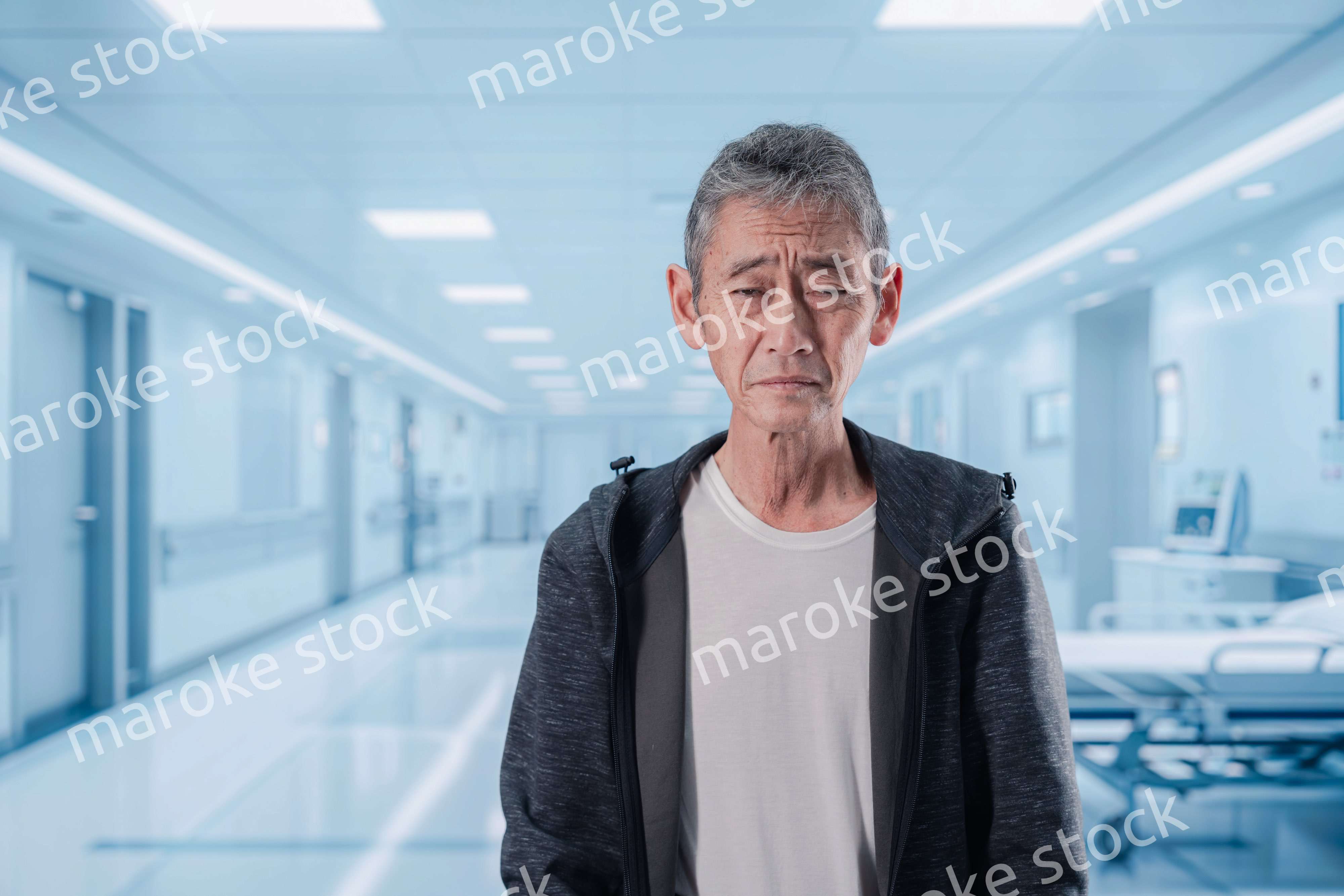 入院中に病院の中を歩く高齢男性