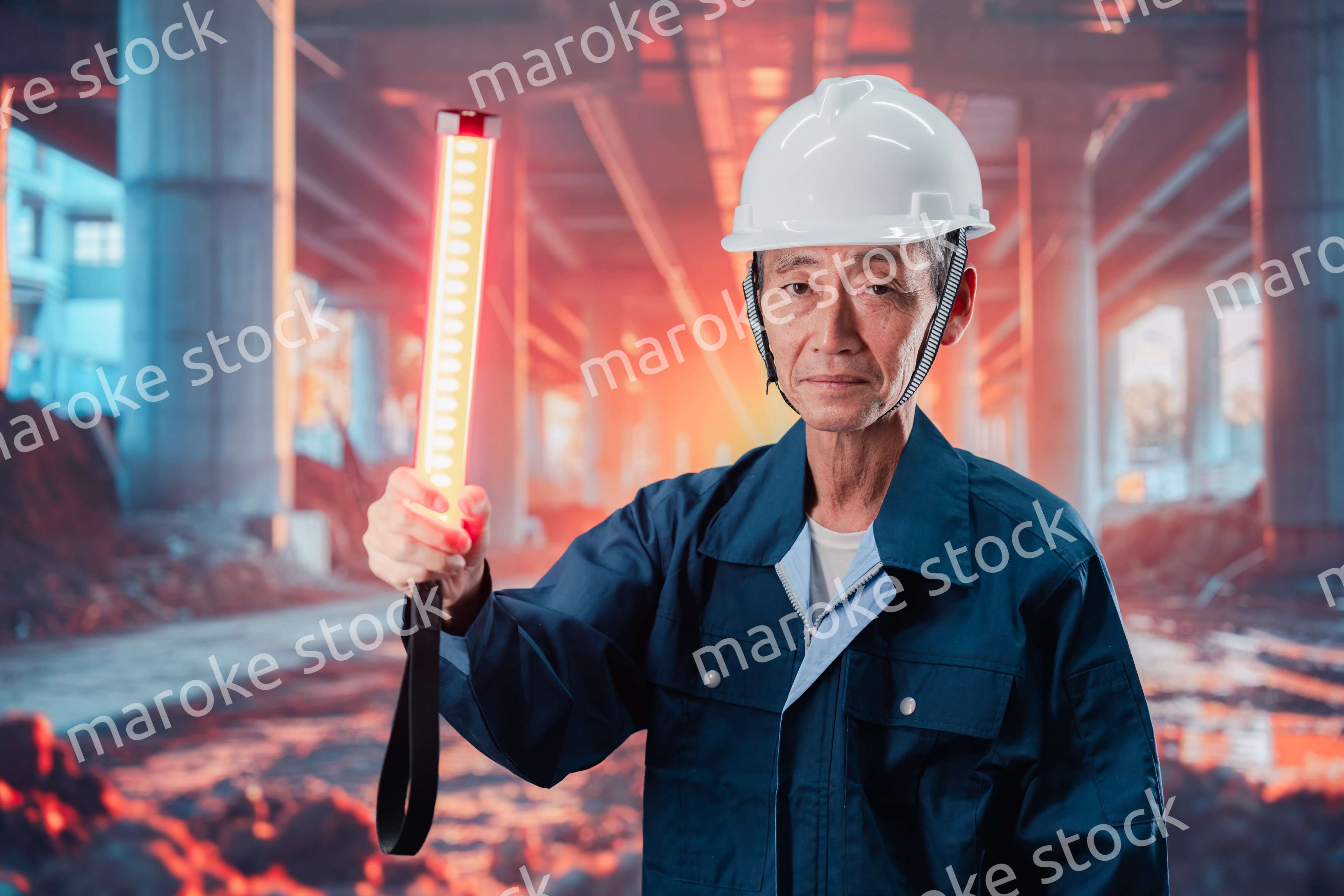 工事現場で警備員をする高齢の男性