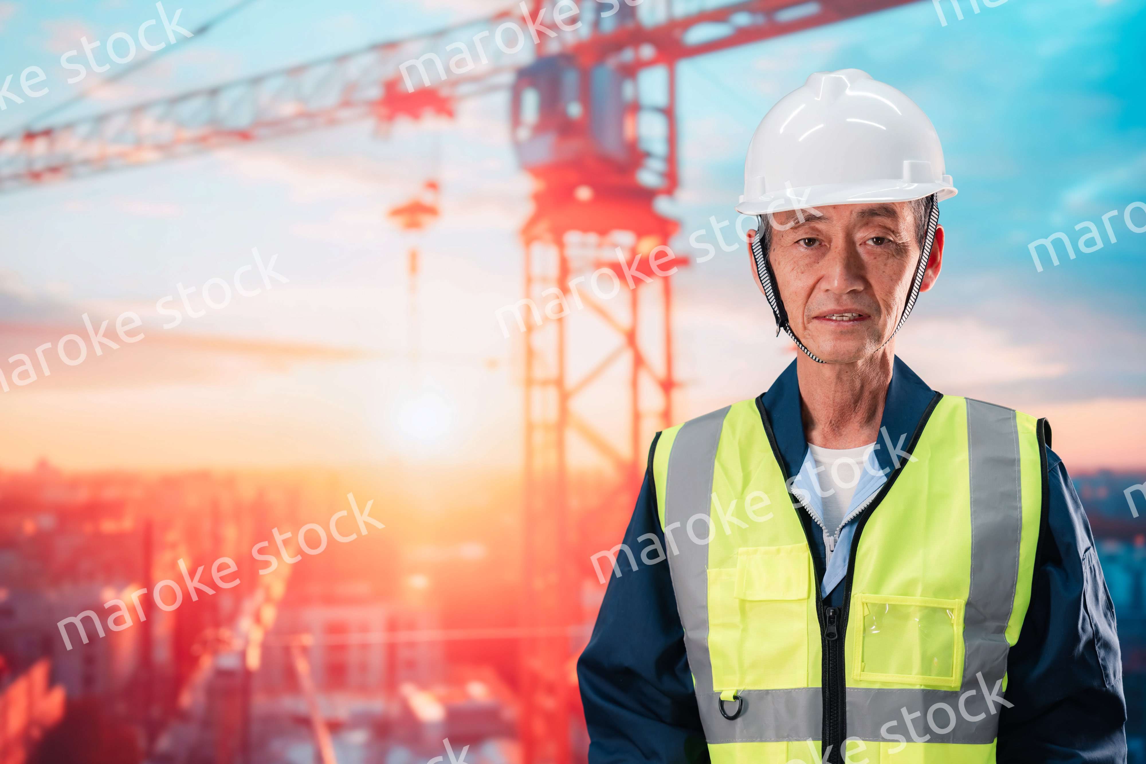 高層ビルの建設現場で監督をする高齢の男性