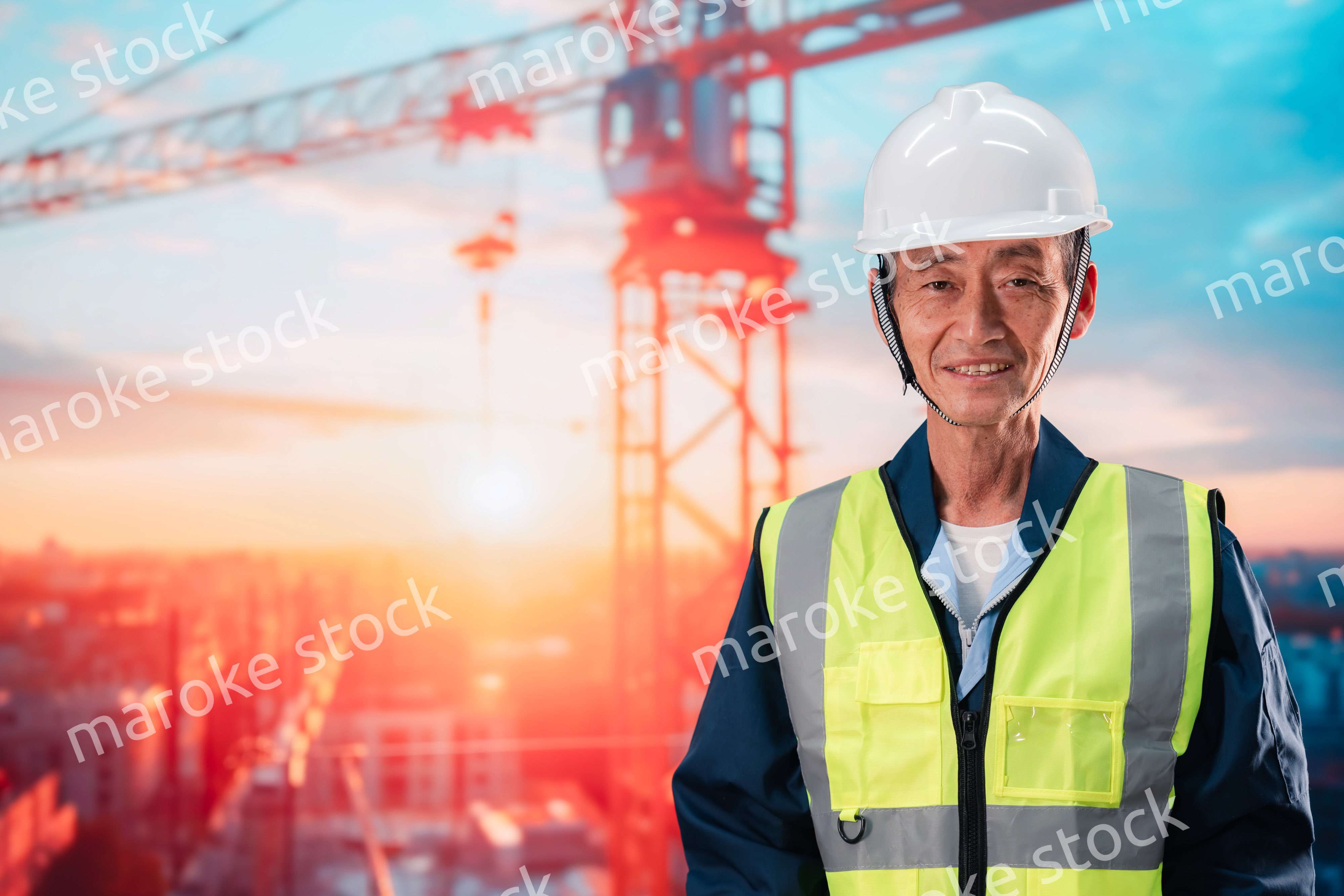 高層ビルの建設現場で監督をする高齢の男性