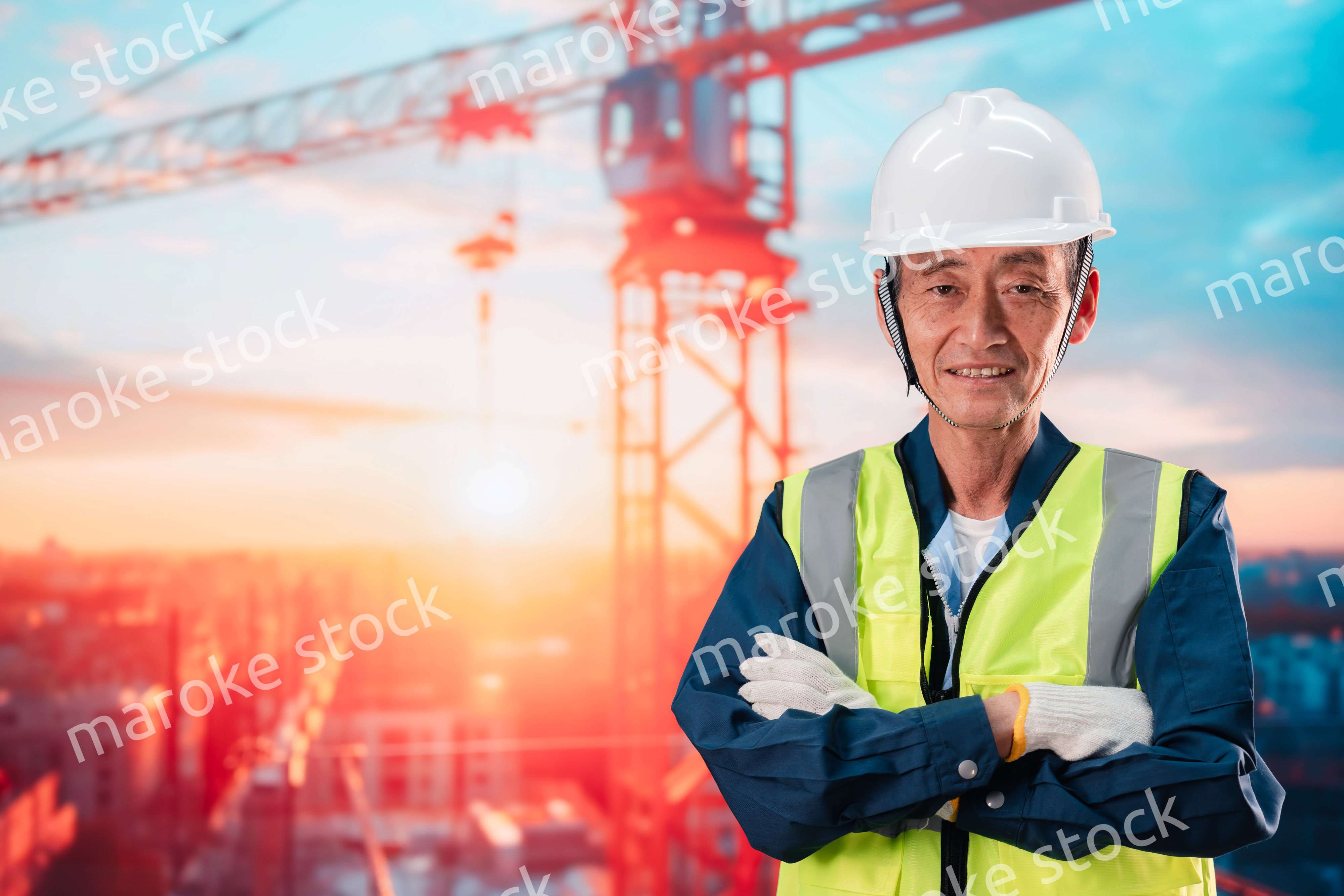 高層ビルの建設現場で監督をする高齢の男性