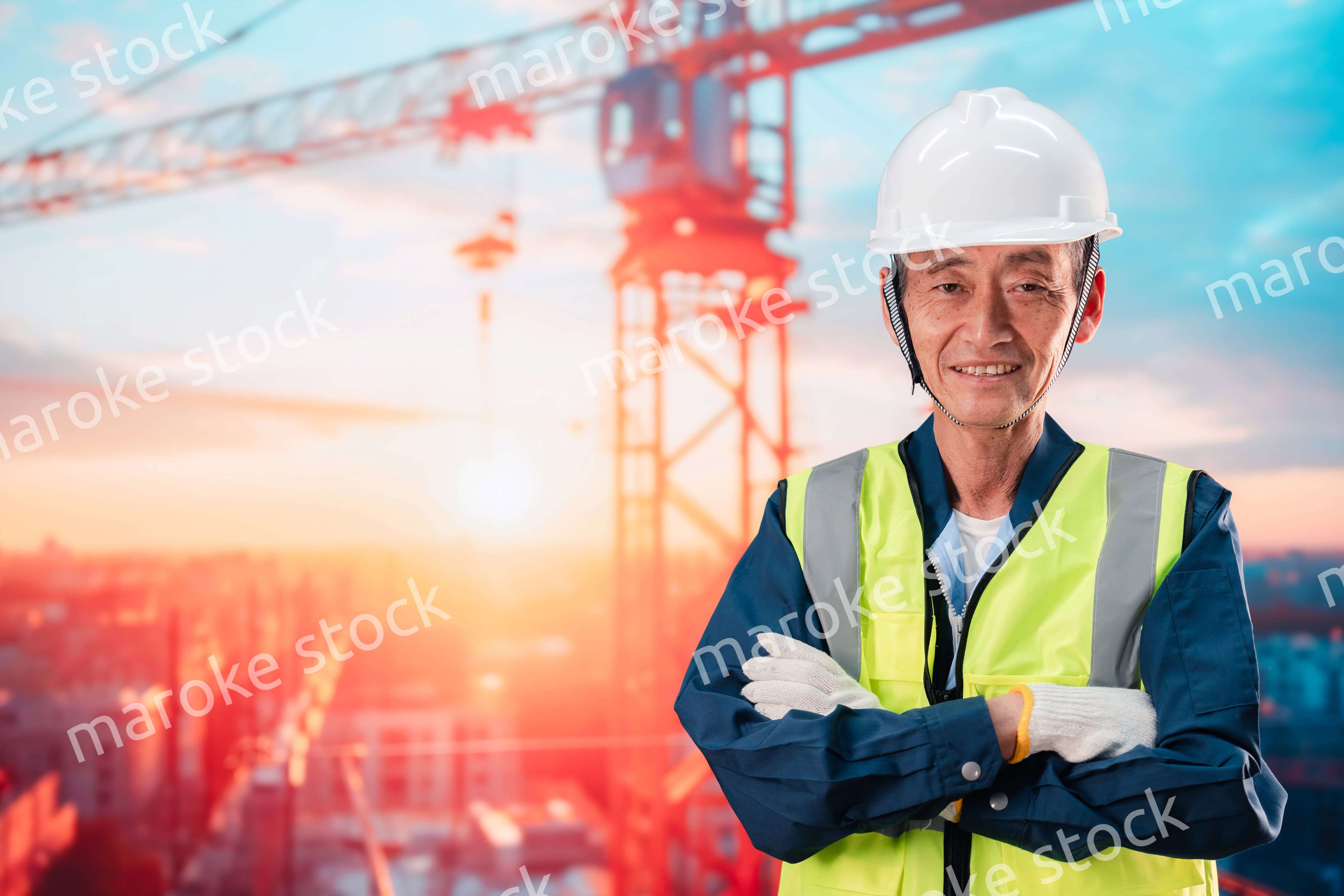 高層ビルの建設現場で監督をする高齢の男性