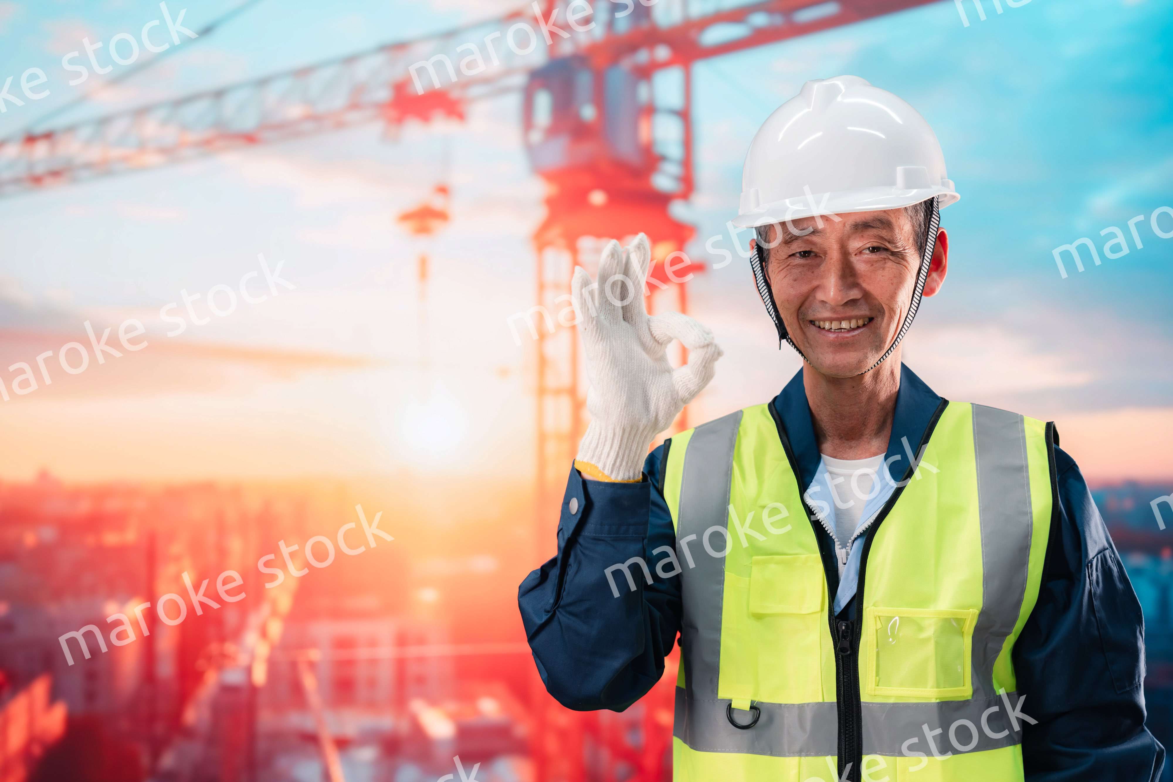 高層ビルの建設現場で監督をする高齢の男性