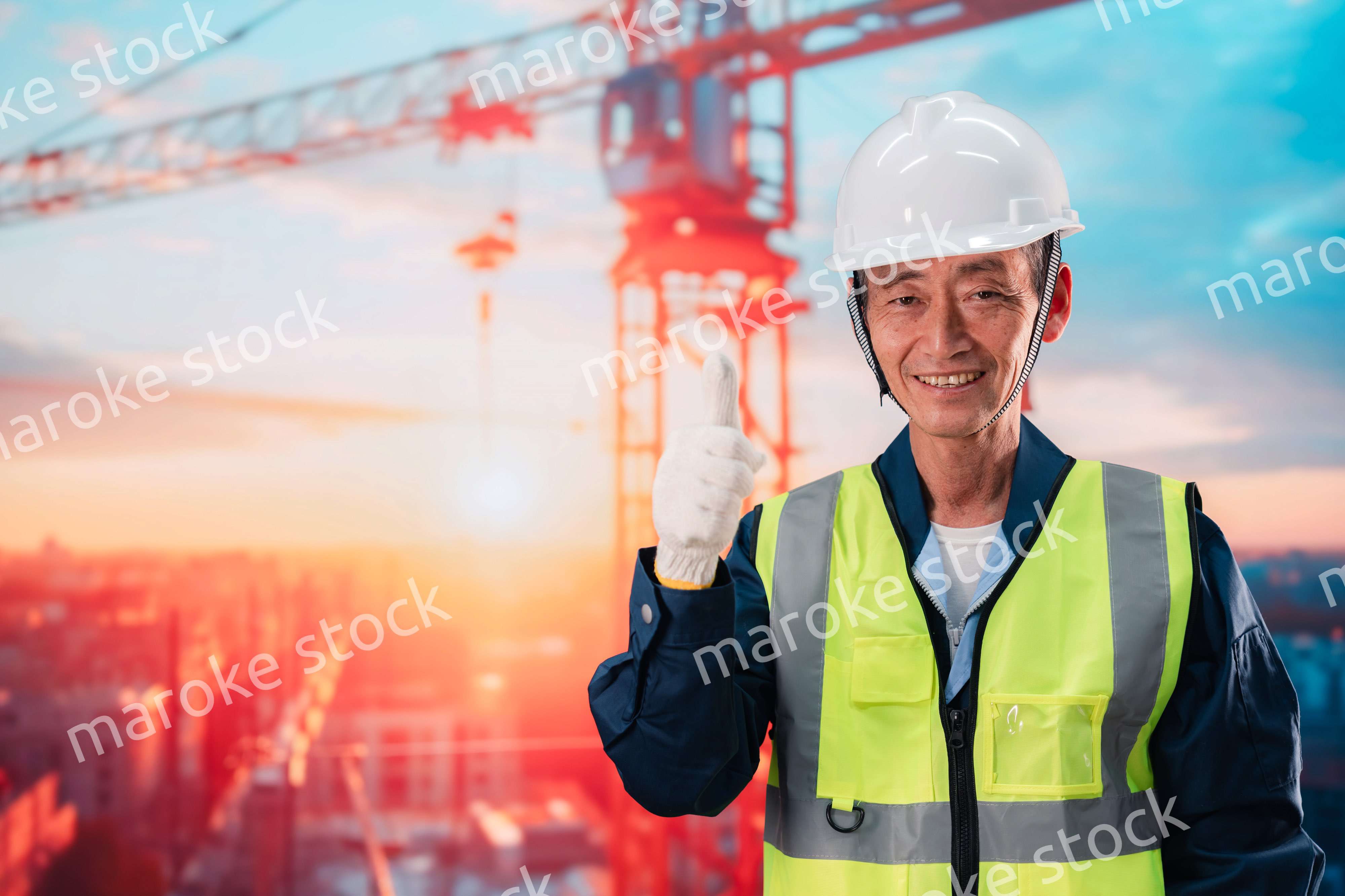 高層ビルの建設現場で監督をする高齢の男性