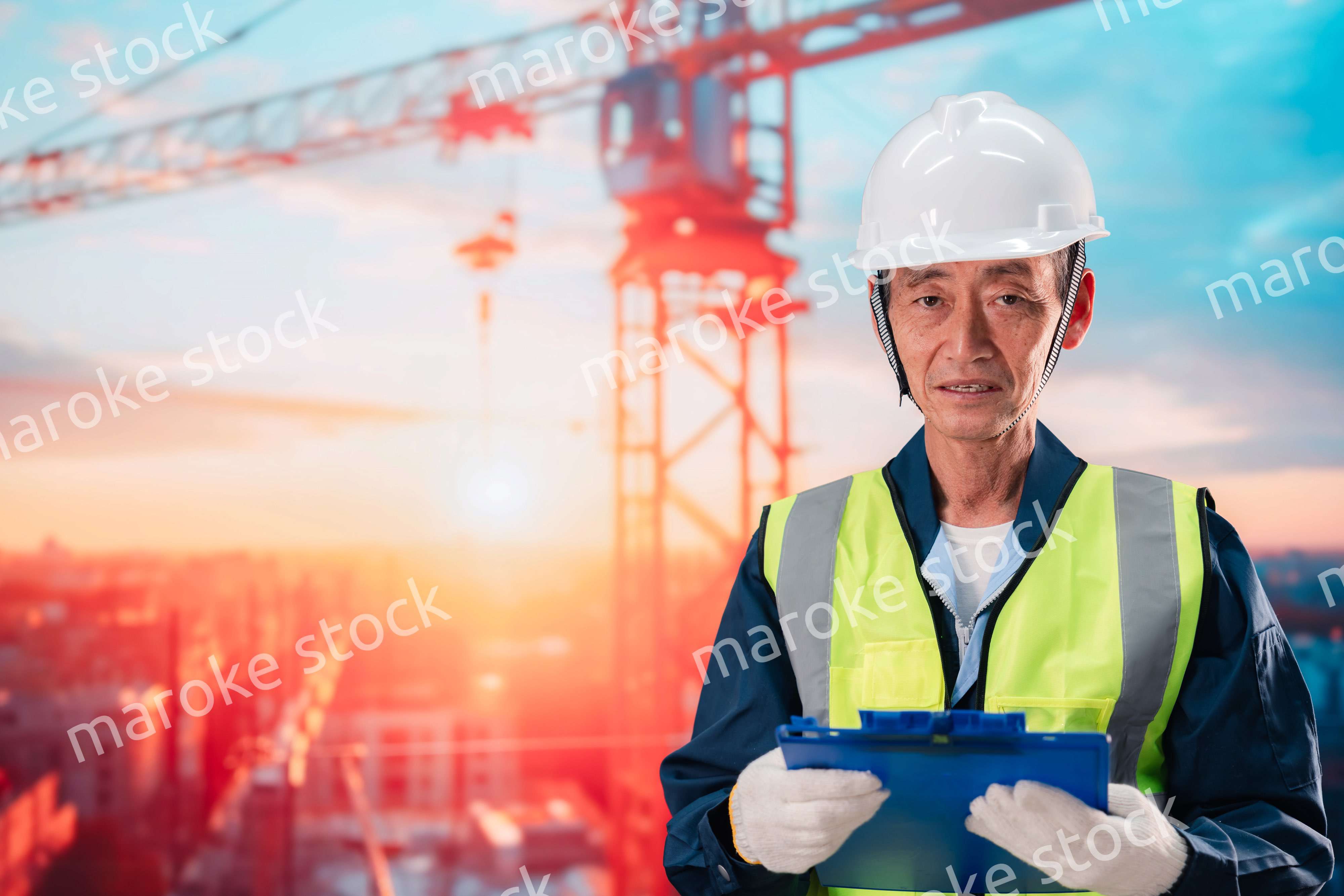 高層ビルの建設現場で監督をする高齢の男性