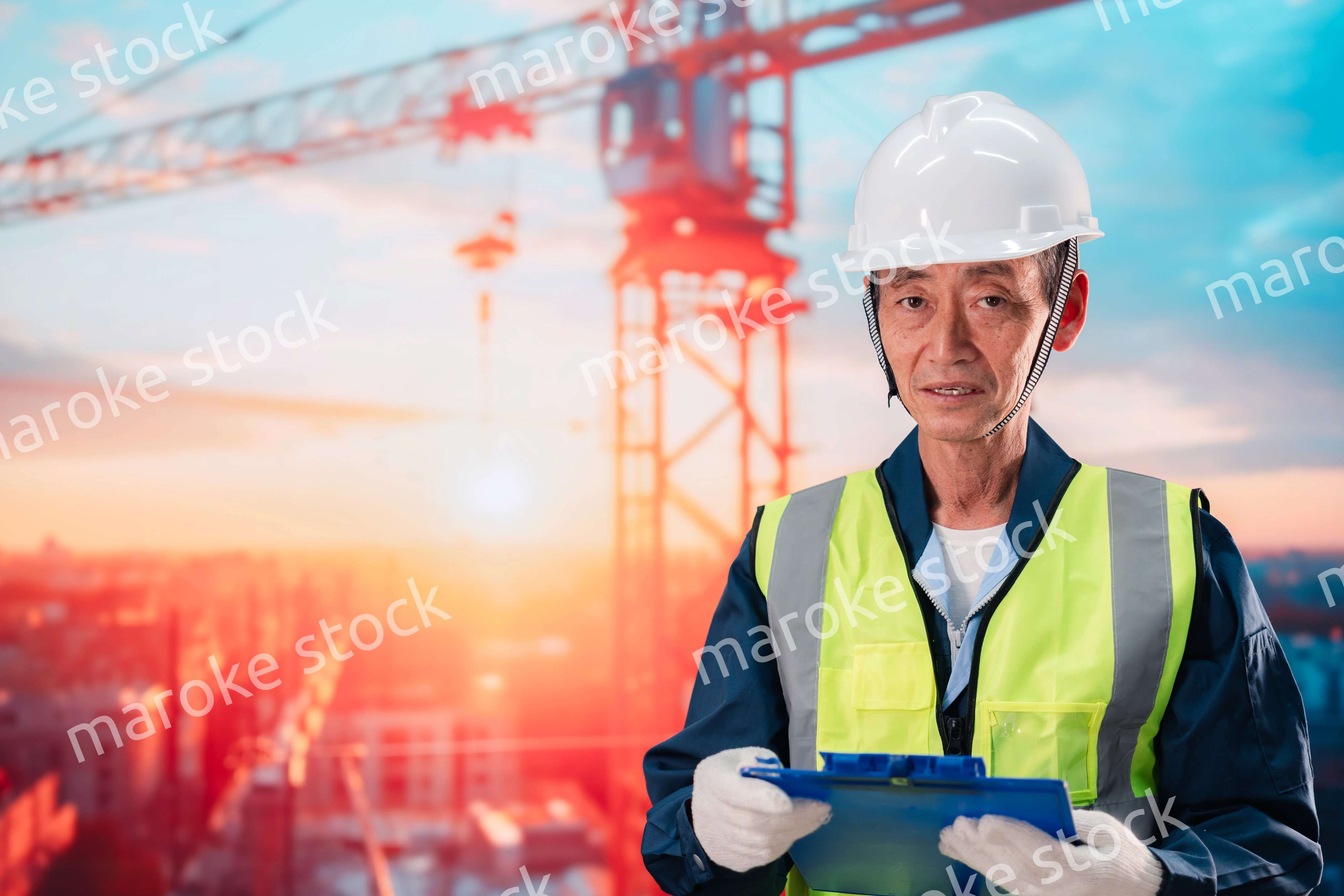 高層ビルの建設現場で監督をする高齢の男性