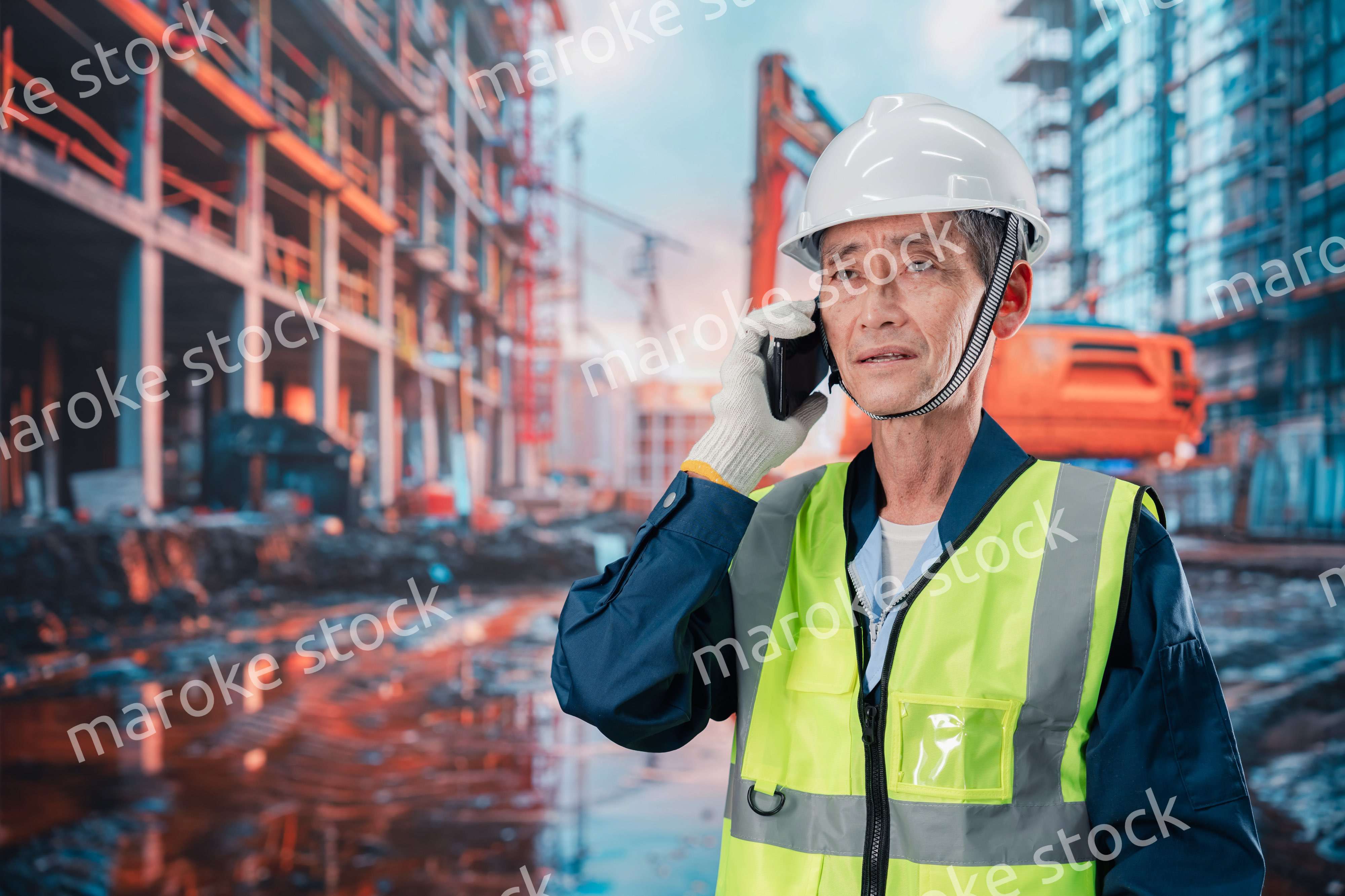 工事現場から電話をする現場監督の男性