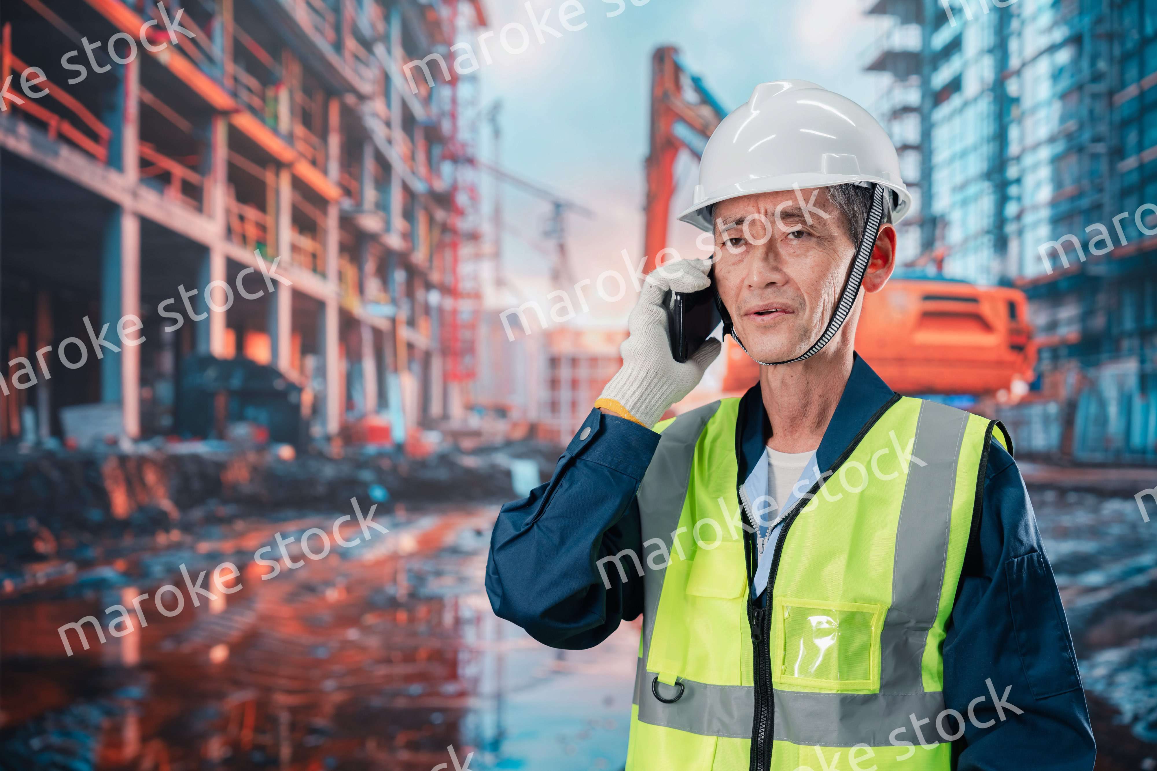 工事現場から電話をする現場監督の男性