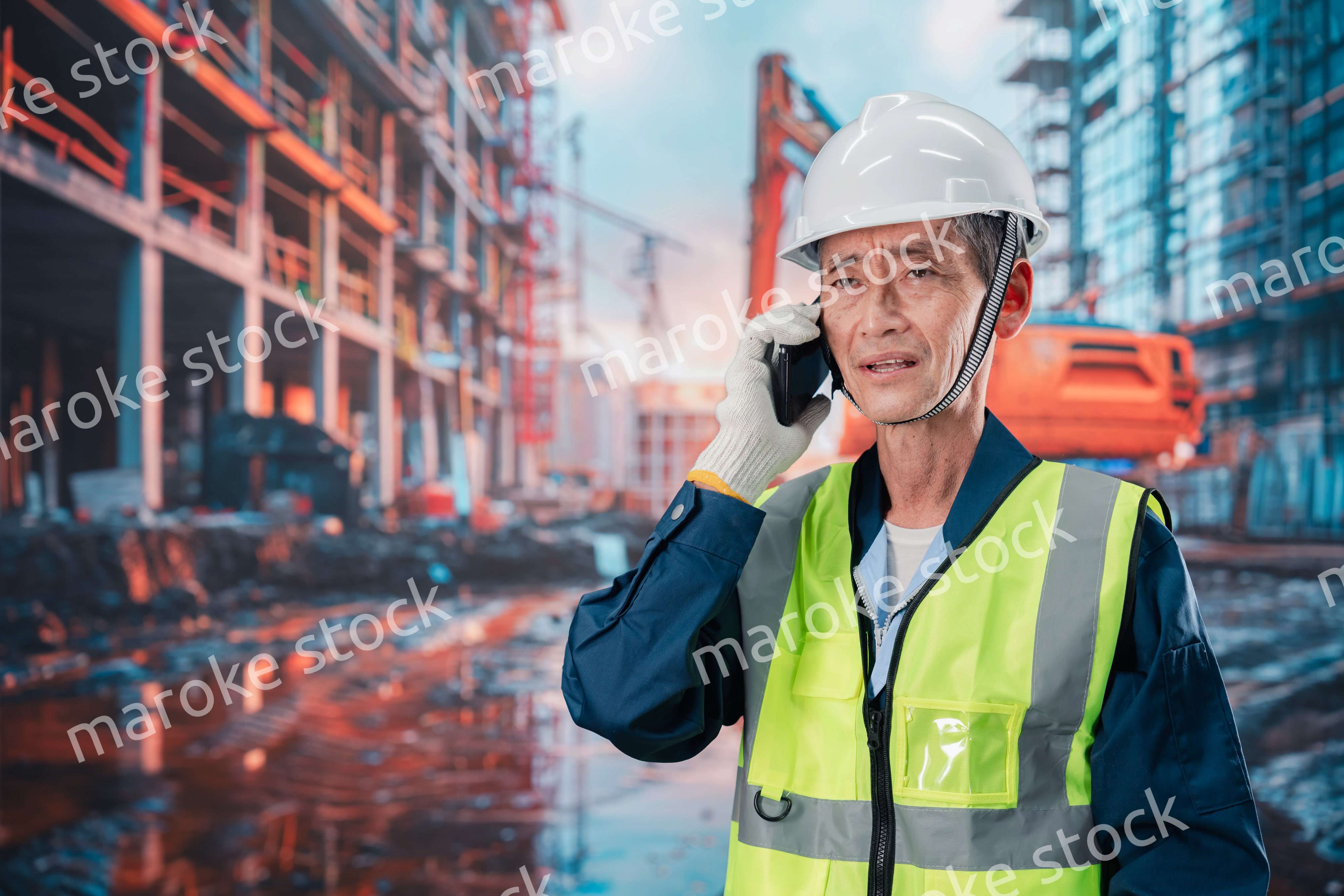 工事現場から電話をする現場監督の男性