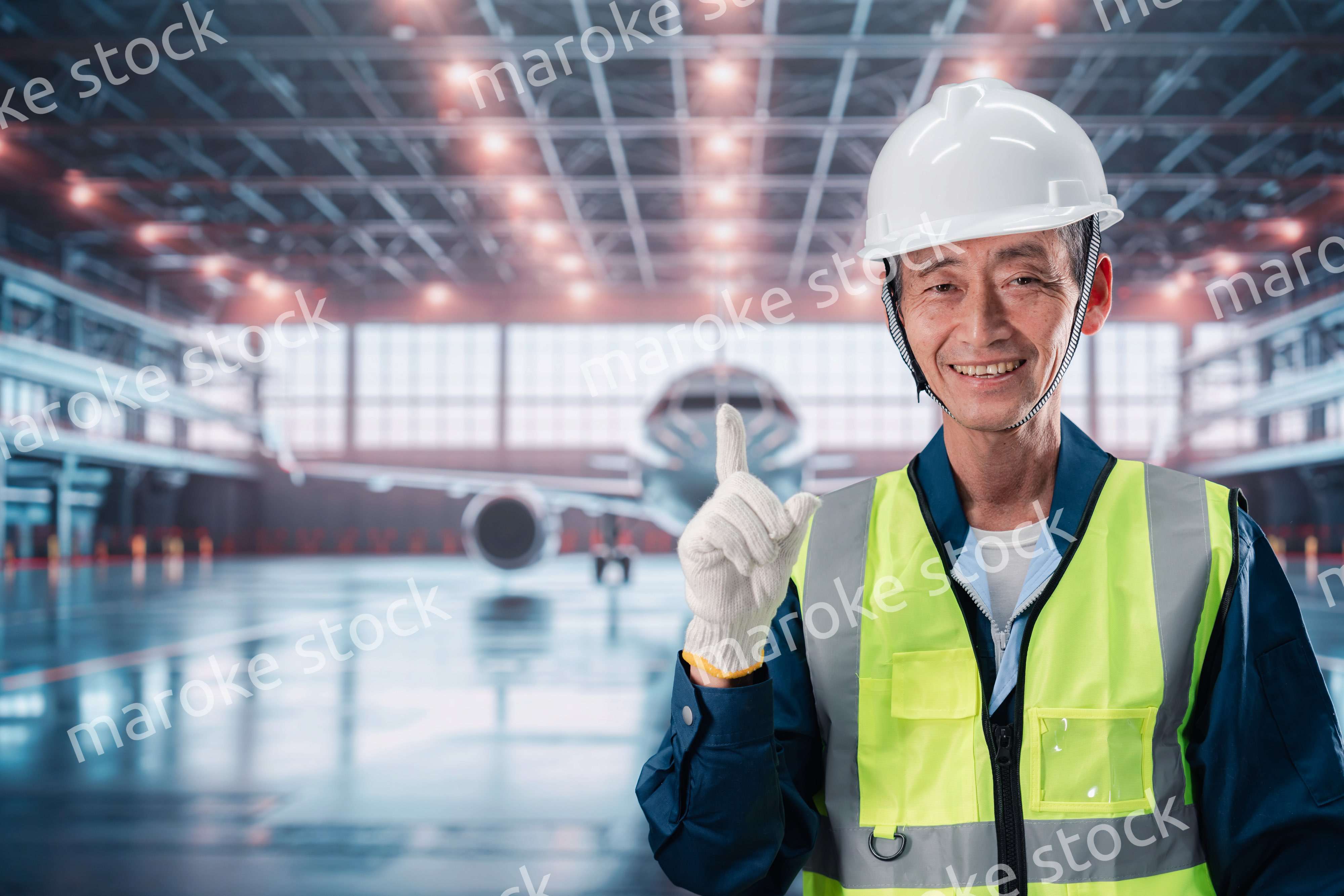 飛行機の格納庫で働くシニアの男性