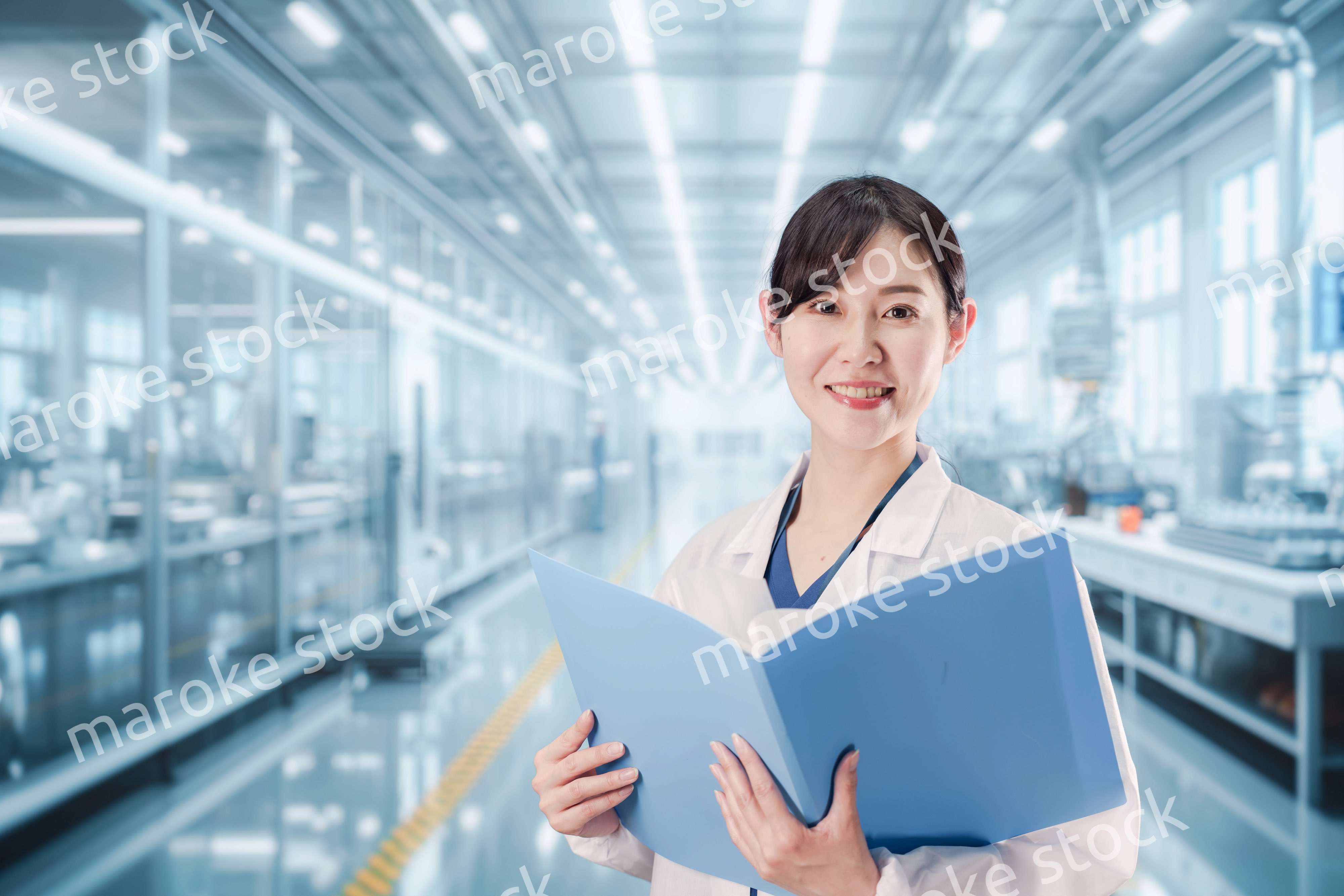 白衣で研究をする若い女性