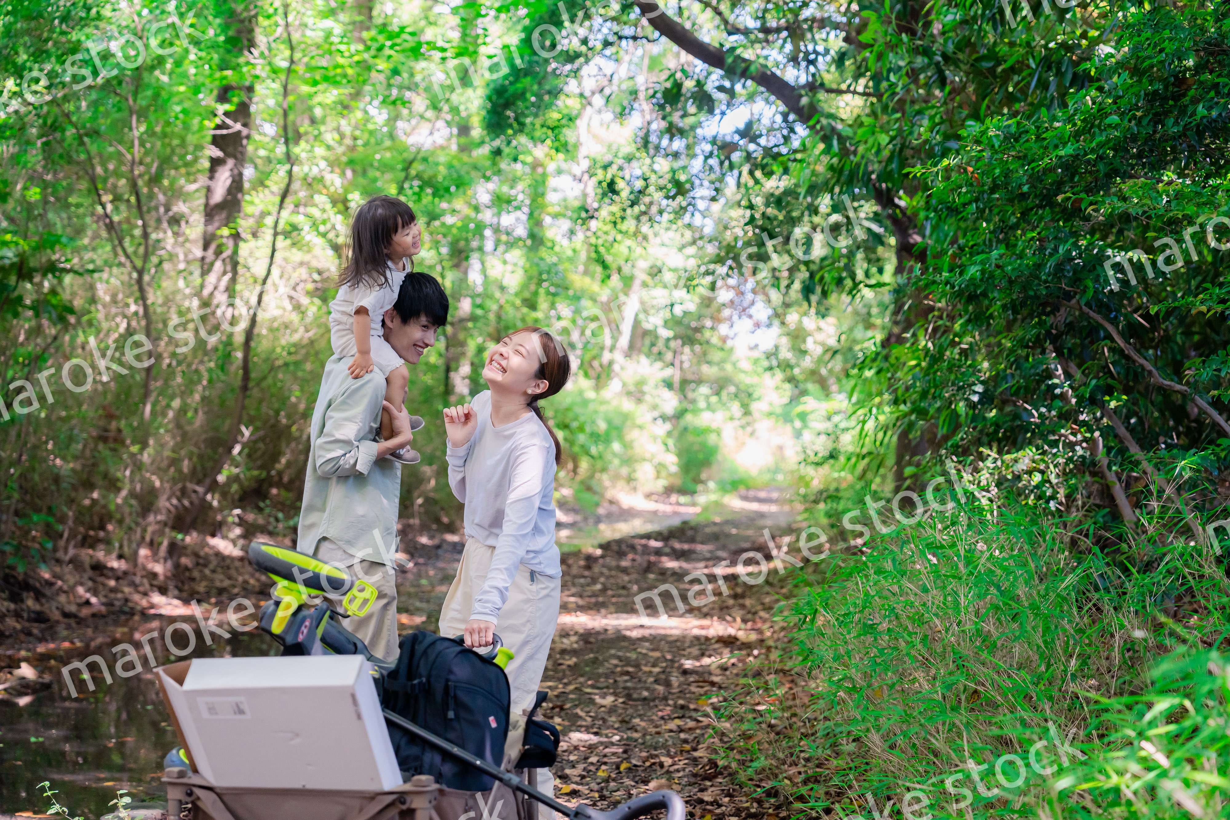 森の中でアウトドアカートを使う家族