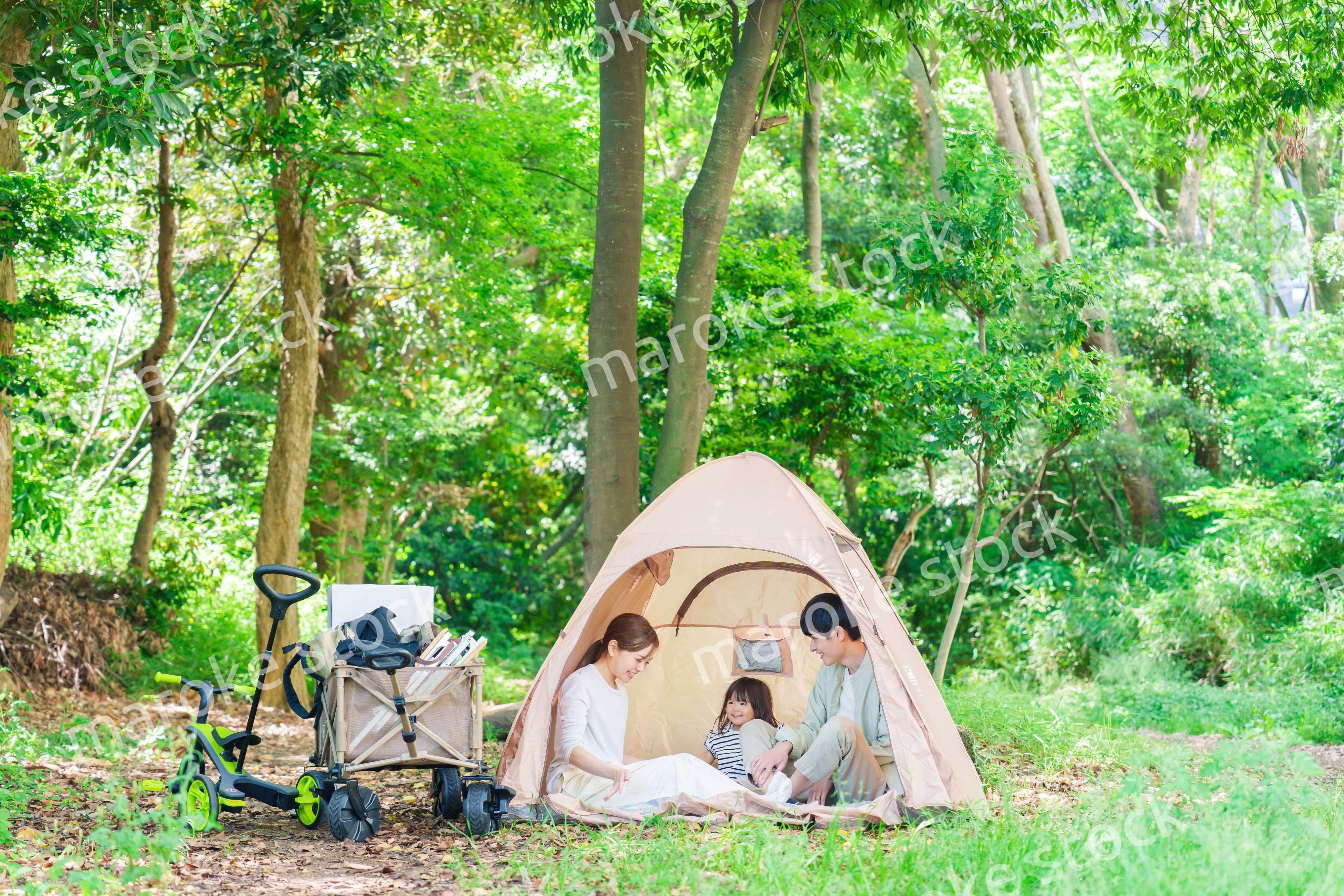 森の中でキャンプをするファミリー