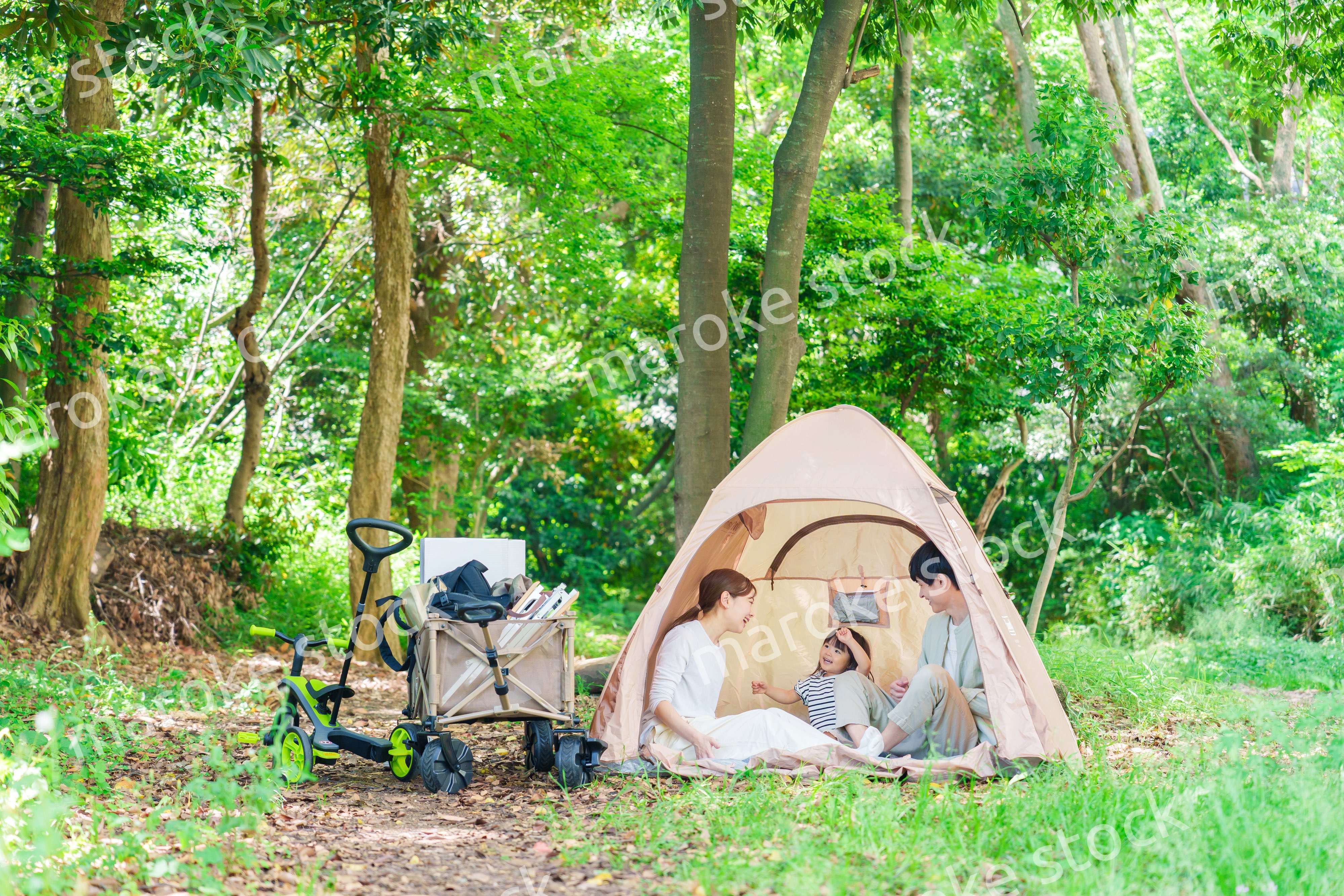 森の中でキャンプをするファミリー